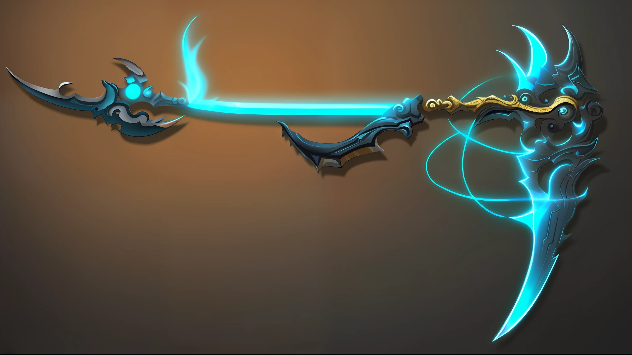 there is a blue and black sword with a long blade, arcane jinx, glowing draconic staff, fantasy scythe, magical fishing rod weapon, draconic staff, teal ethereal tendril wings, fantasy weapon, war blade weapon, long detailed ornate scythe, intricate fantasy spear, dragon staff, magical longbow, sword antlers, wizard magic staff, magic staff