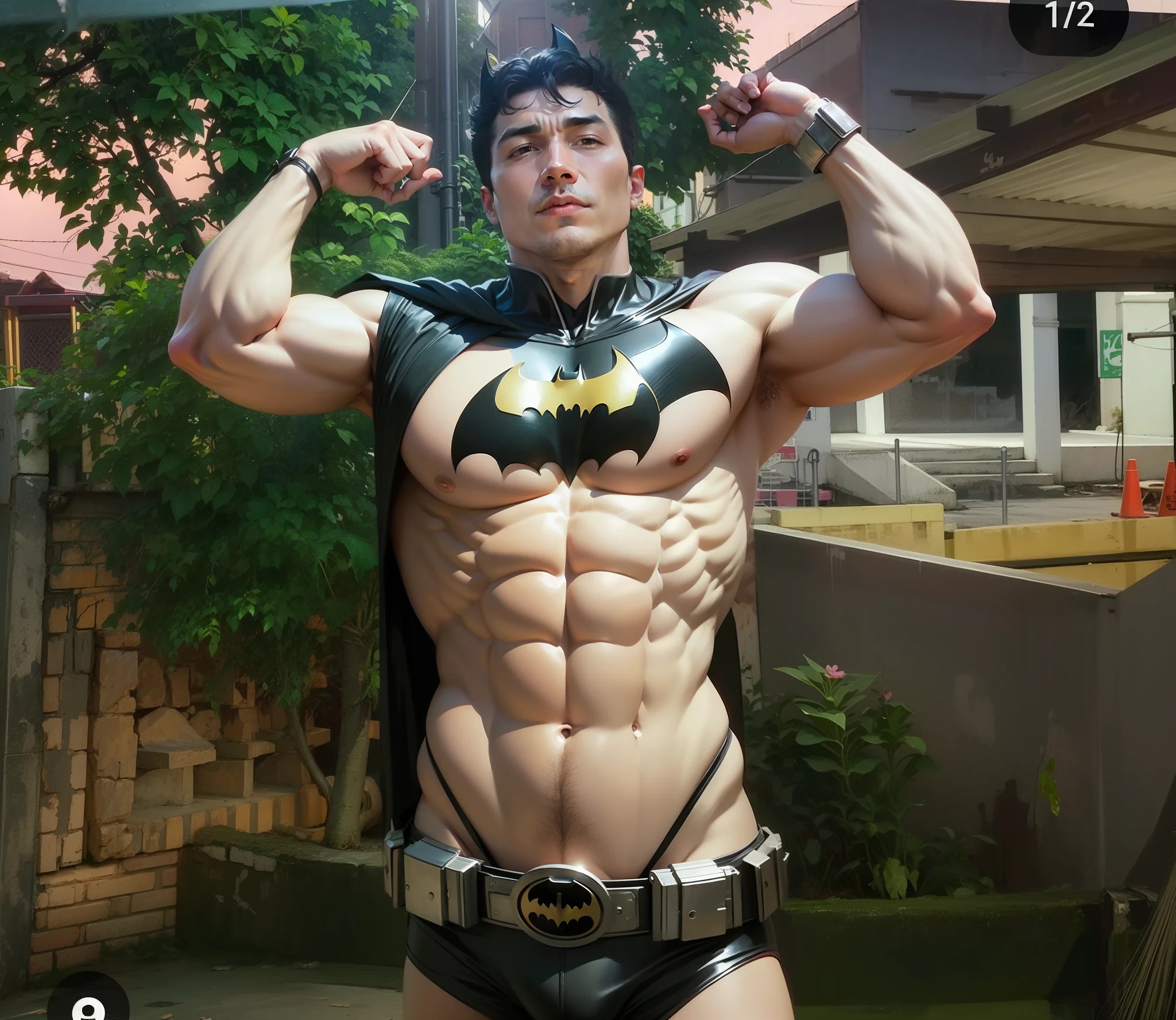 wearing batman costum,muscular,batman suit,BATMAN