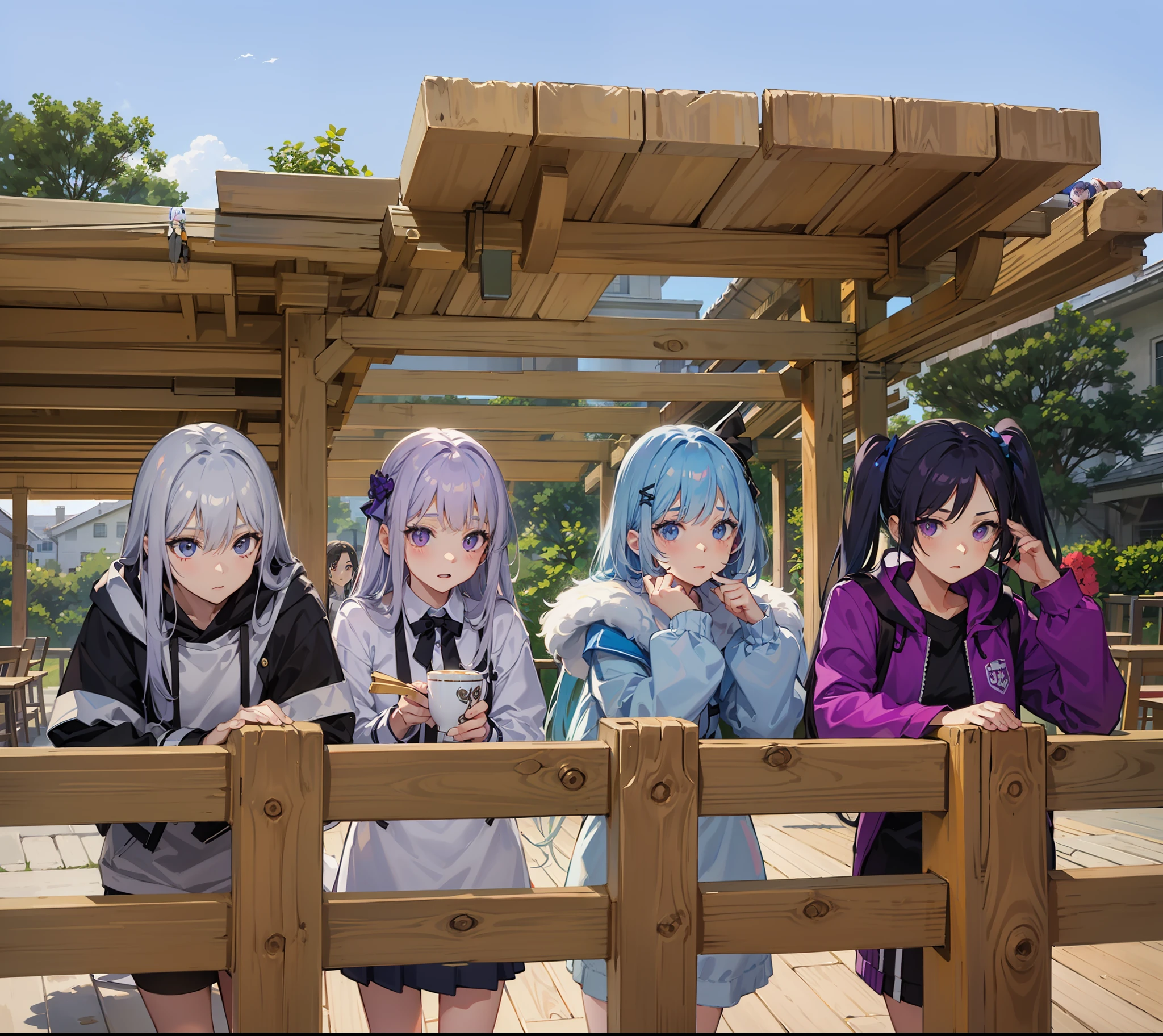 Masterpiece, four people, fence, roof, wooden floor, group photo, café, a girl with gray hair and light gray eyes, a girl with off-white hair and pink eyes, a girl with light blue hair and light blue eyes, a girl with purple hair and purple eyes, facing the camera