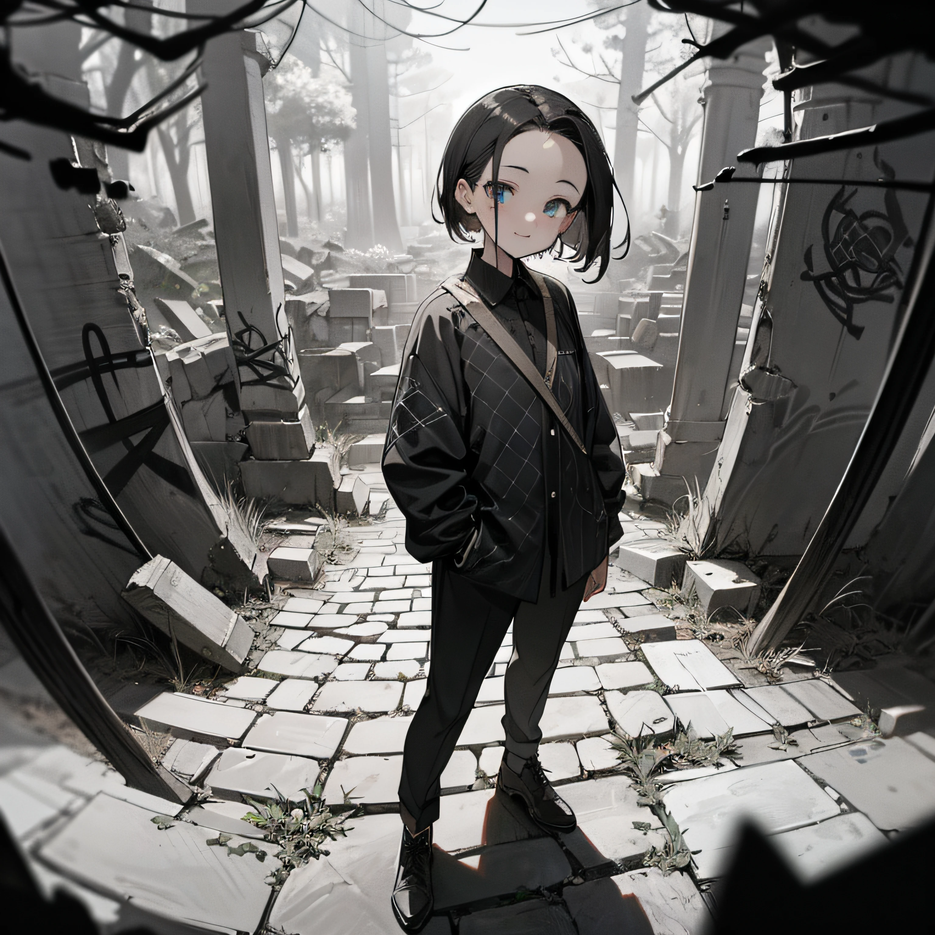 (background ancient ruins), original,(illustration:1.2 black and white),(best quality), (masterpiece:1.2), (extremely detailed 8k unit wallpaper, black and white image, made in HB graphite pencils, (panoramic photo:1.4),(full body:1.05), (splashes),((GRAFFITI)), sharp focus, 1 girl standing, with friends, (flowers, woods), outdoors, stones, make happy expressions,  soft, pure smile, beautiful and detailed face and eyes, short hair, soft face, forehead --auto