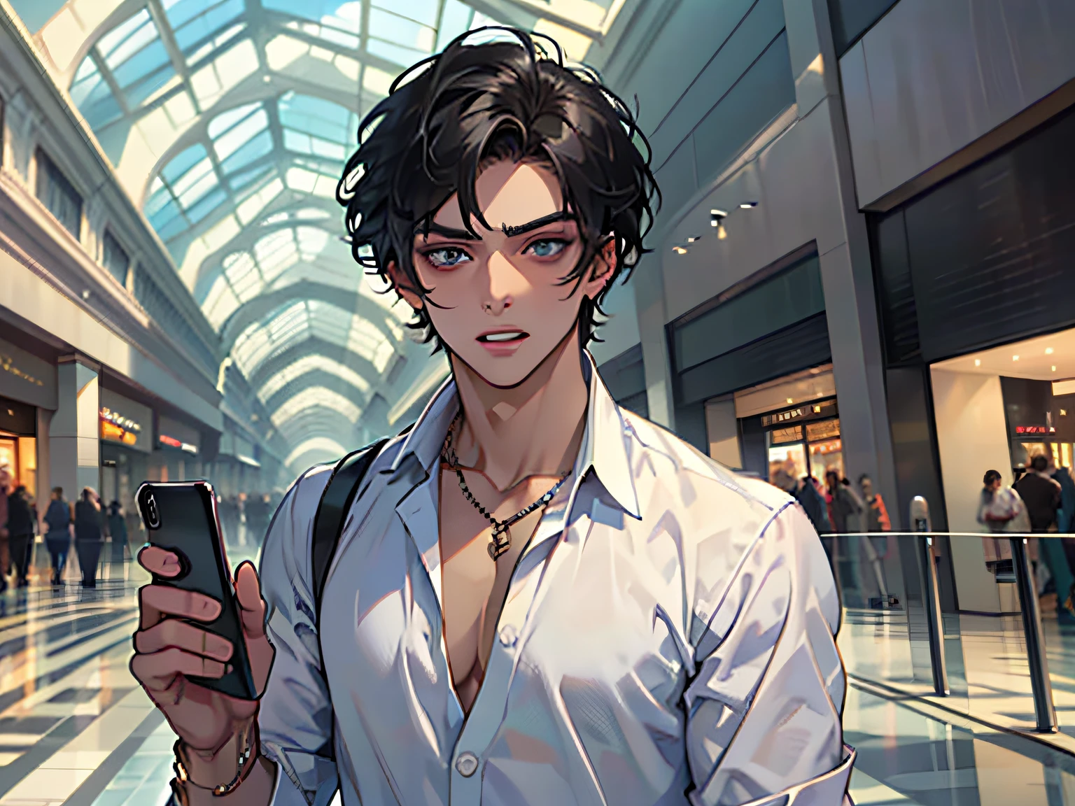 (A boy in a white shirt and short black hair standing in the mall looking at the camera: 1.5) (holding a mobile phone in his hand: 1.4) (eyes wide open: 1.3) (hands spread: 1.5) (exquisite jewelry, makeup handsome, handsome, temperament: 1.5) (surprised expression on his face: 1.5), masterpiece, masterpiece,