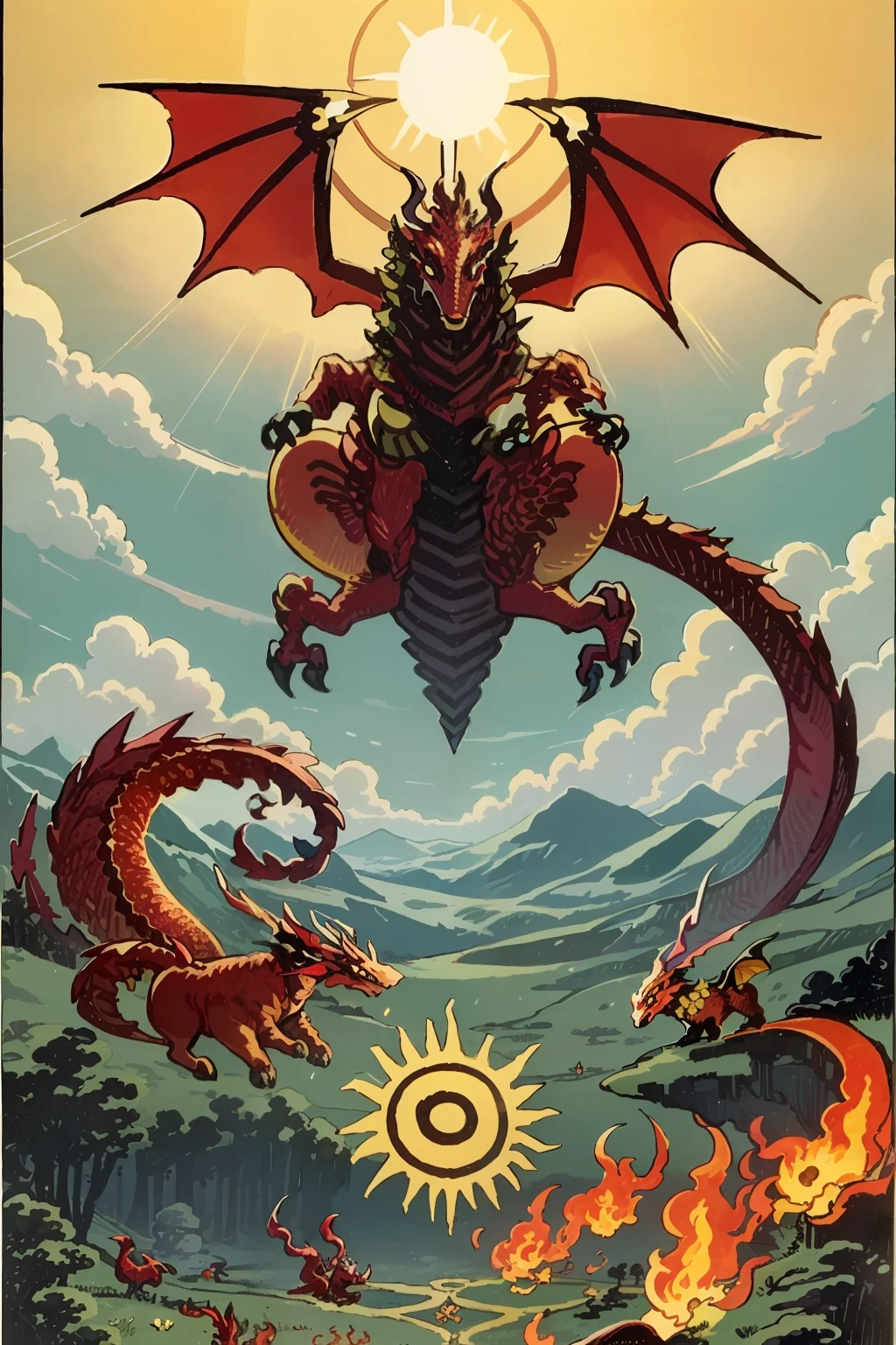 masterpiece, sun, day, warm light, 1 dragon, fire dragon flies in the sky, beautiful background, secret concept tarot card history card mystery, tarot card, best quality