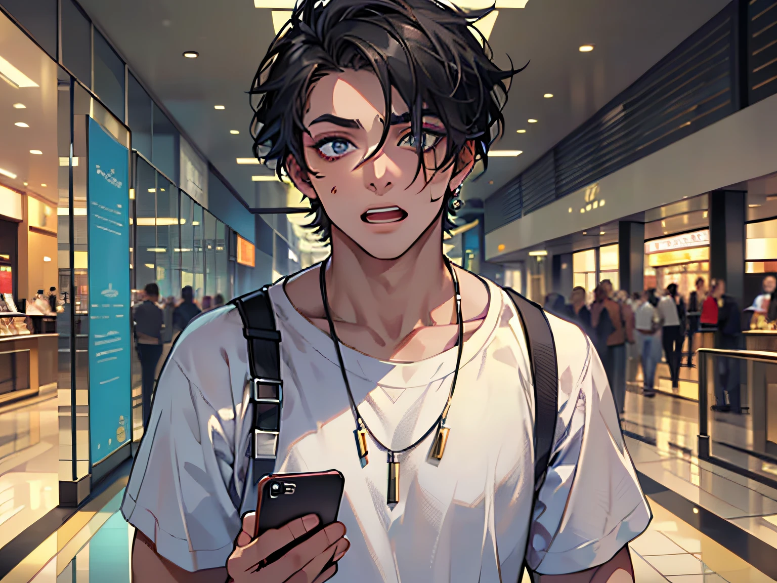 (A boy in a white shirt and short black hair standing in the mall looking at the camera: 1.5) (holding a mobile phone in his hand: 1.4) (eyes wide open: 1.3) (hands spread: 1.5) (exquisite jewelry, makeup handsome, handsome, temperament: 1.5) (surprised expression on his face: 1.5), masterpiece, masterpiece,