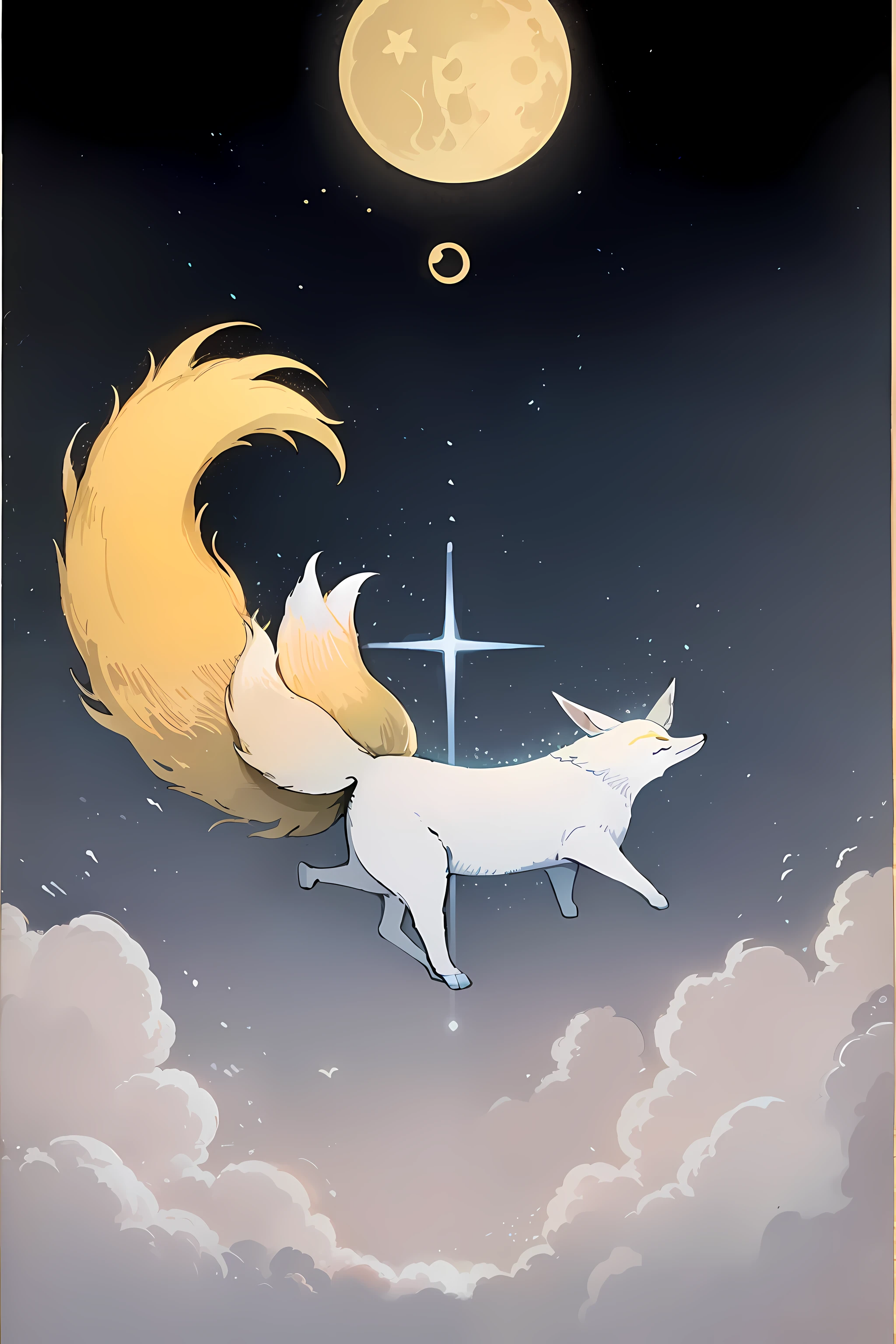 masterpiece, moon, cold light, stars, night, fox silhouette, fox with curvy tail, fox flying in the sky, beautiful background, secret concept tarot card history card mystery, tarot card, best quality, bookmark for book