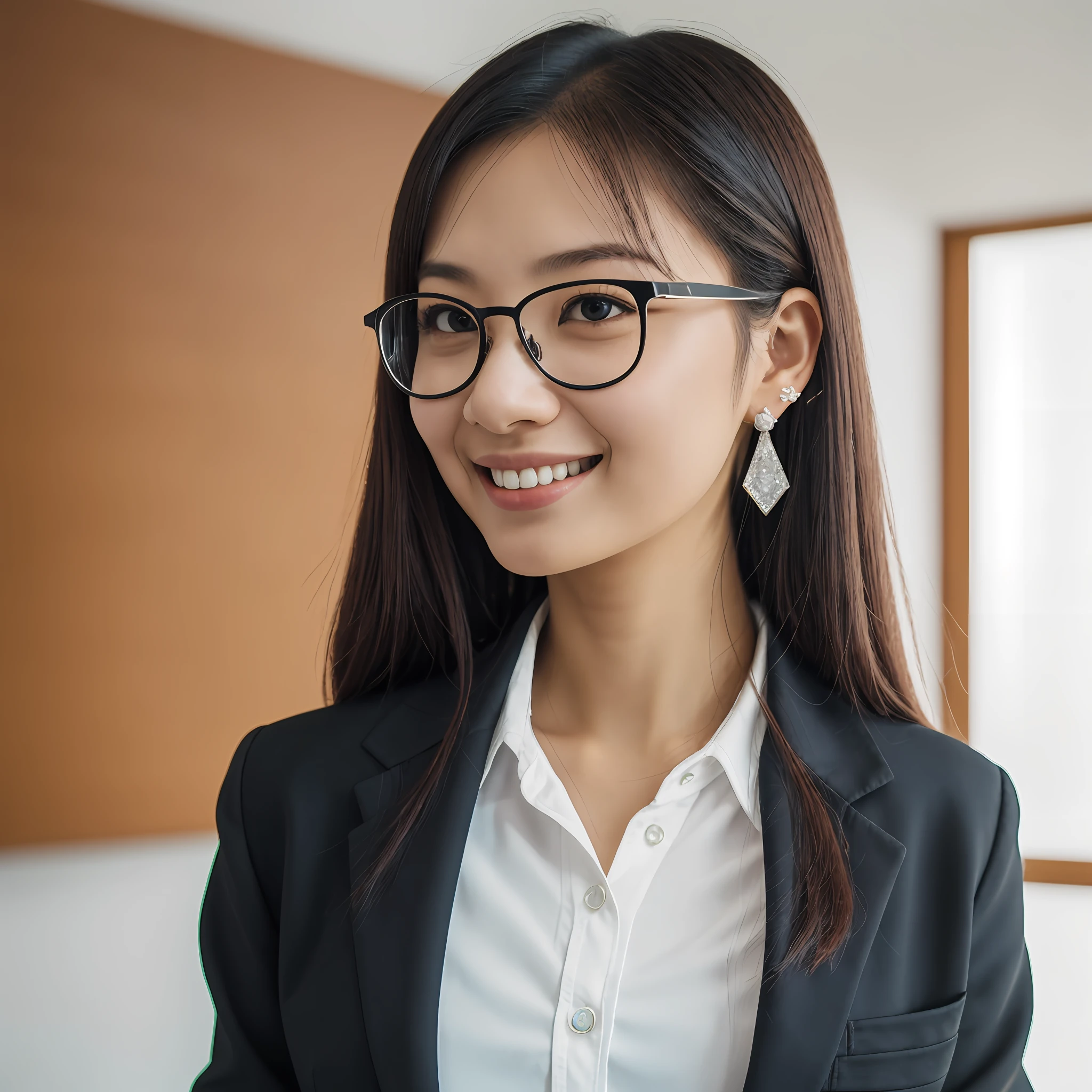 Selfie, 8K, Fujifilm XT3, masterpiece, top quality, realistic, photorealistic, super detailed, Japan person, 1girl, solo, close-up portrait, diamond stud earrings, ponytail black hair, hazel eyes, happy expression, black blazer, white shirt, white blouse, standing in office, saika1, young woman, with glasses --auto