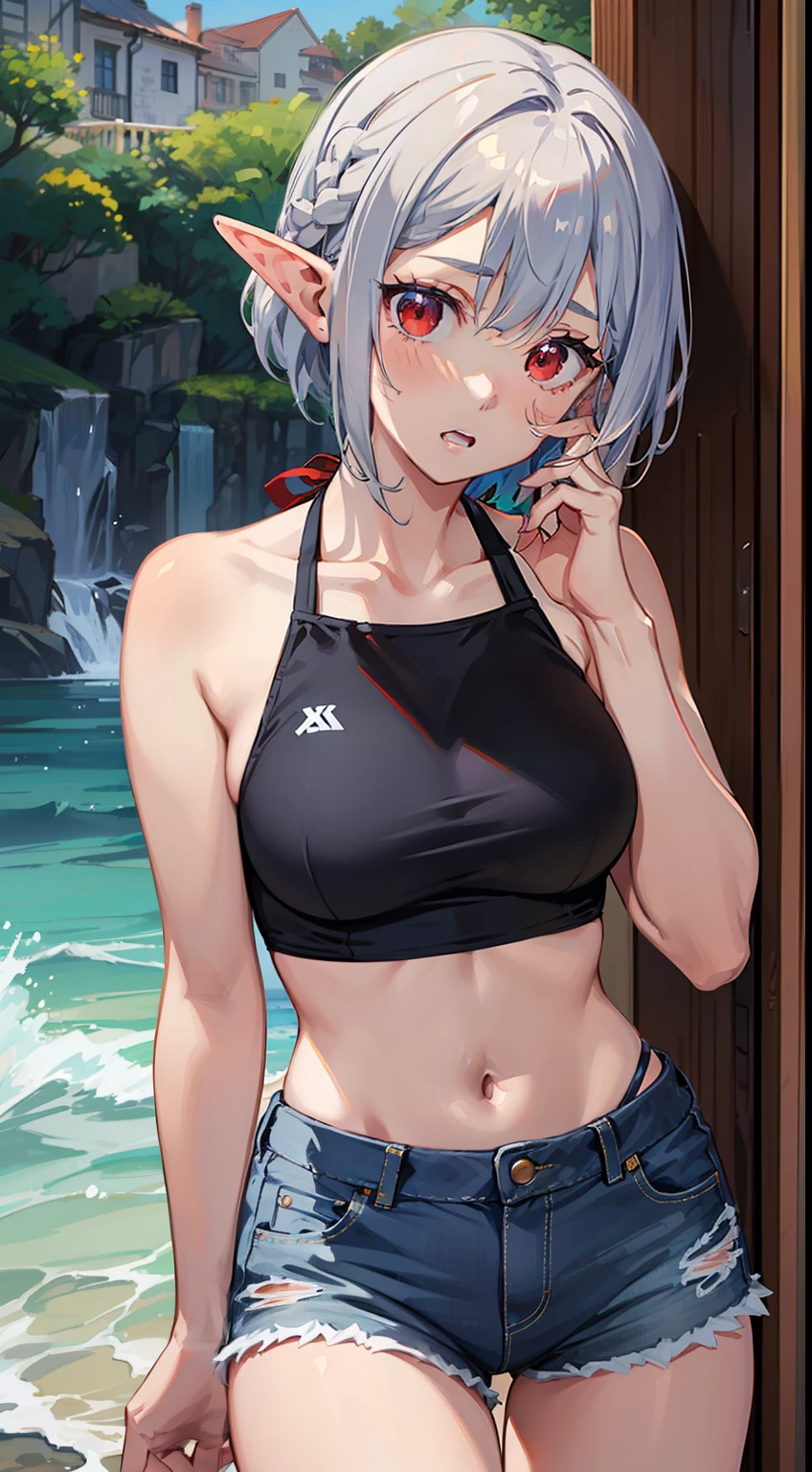 ((Put your hands on your face)), (surprised)), (Red face), Full body of one girl, Elf, Silver hair, Red eyes, Bob cut, Braided hair, Jeans, Shorts, Swimwear, Bikini, Sea, TS, Concept art, Beautiful anime scene, Beautiful anime scenery, Best quality, Masterpiece