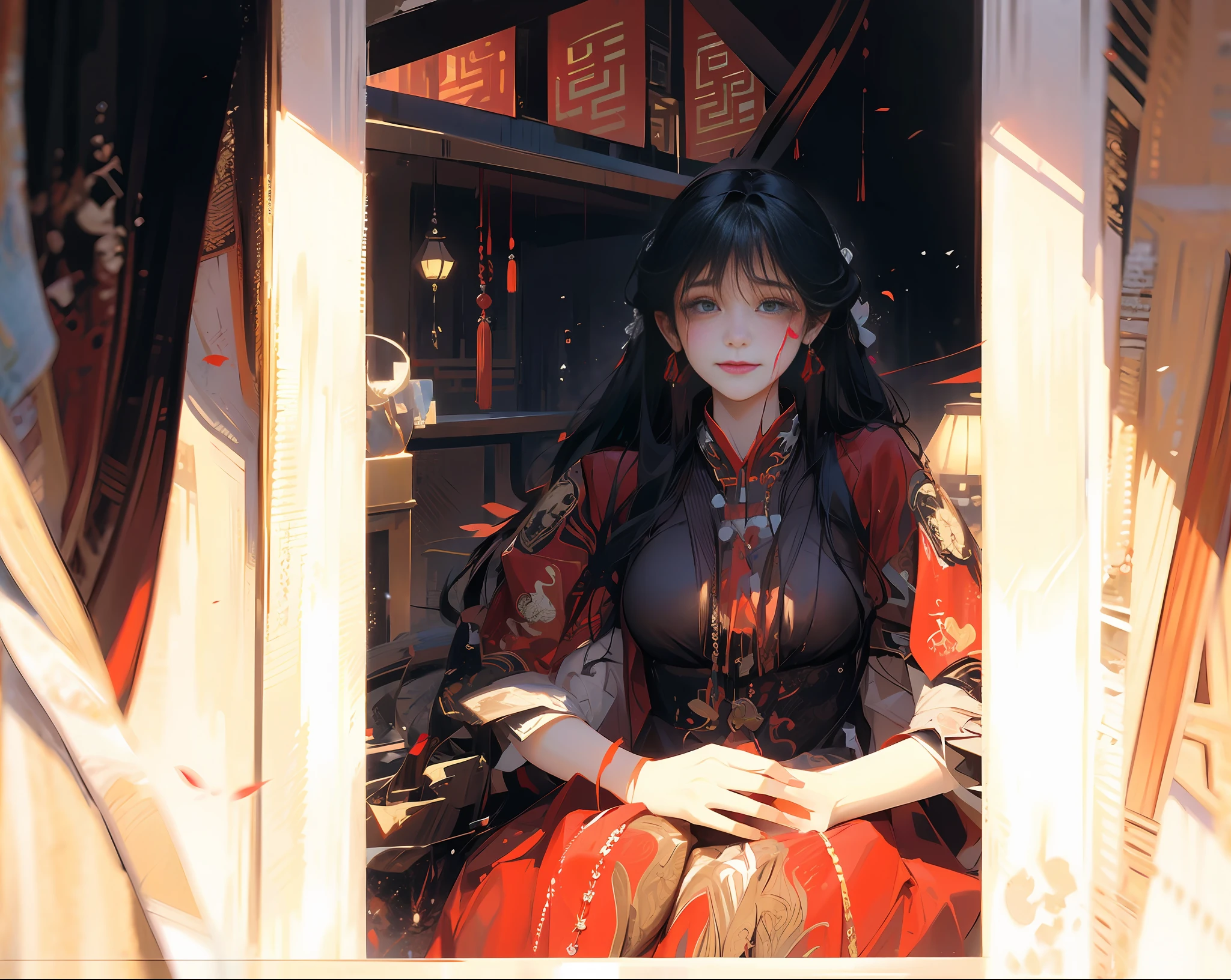 Woman sitting on bed with blood and tears in red dress, traditional beauty, inspired by Chinese horror, with ancient Chinese clothing, wearing red Xiuhe dress, Chinese style, bride, ghost groom, Chinese girl, high quality picture "8k", exquisite facial features, Lalisa Manobal, gorgeous Chinese model, videography