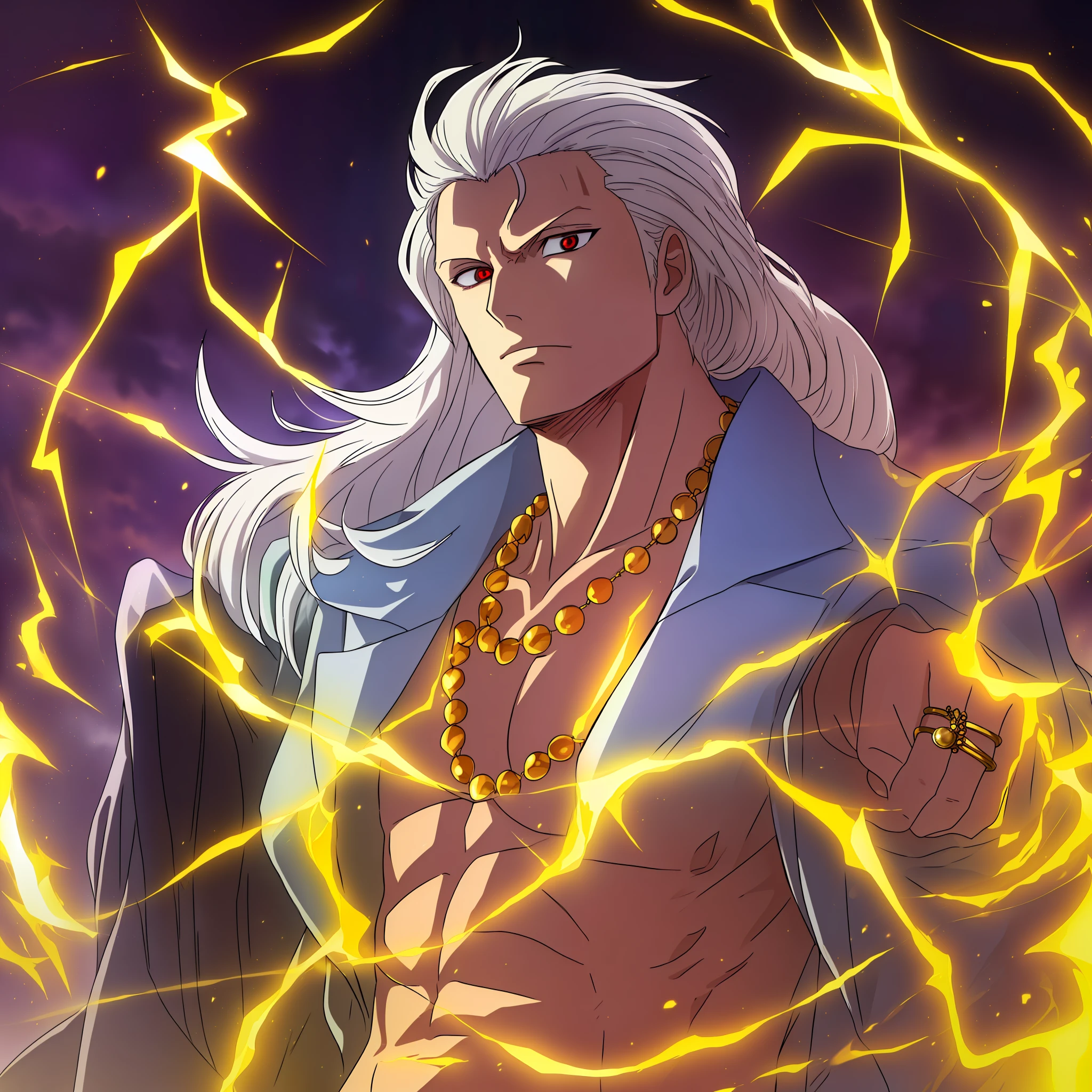 Highest quality, finely crafted lighting, young adult male, long back hair, gray multicolored hair, hair in stir, highlighted red eyes, night environment, lightning, sky with rays, divine style clothes, gold necklaces, white overcoat, gold rings