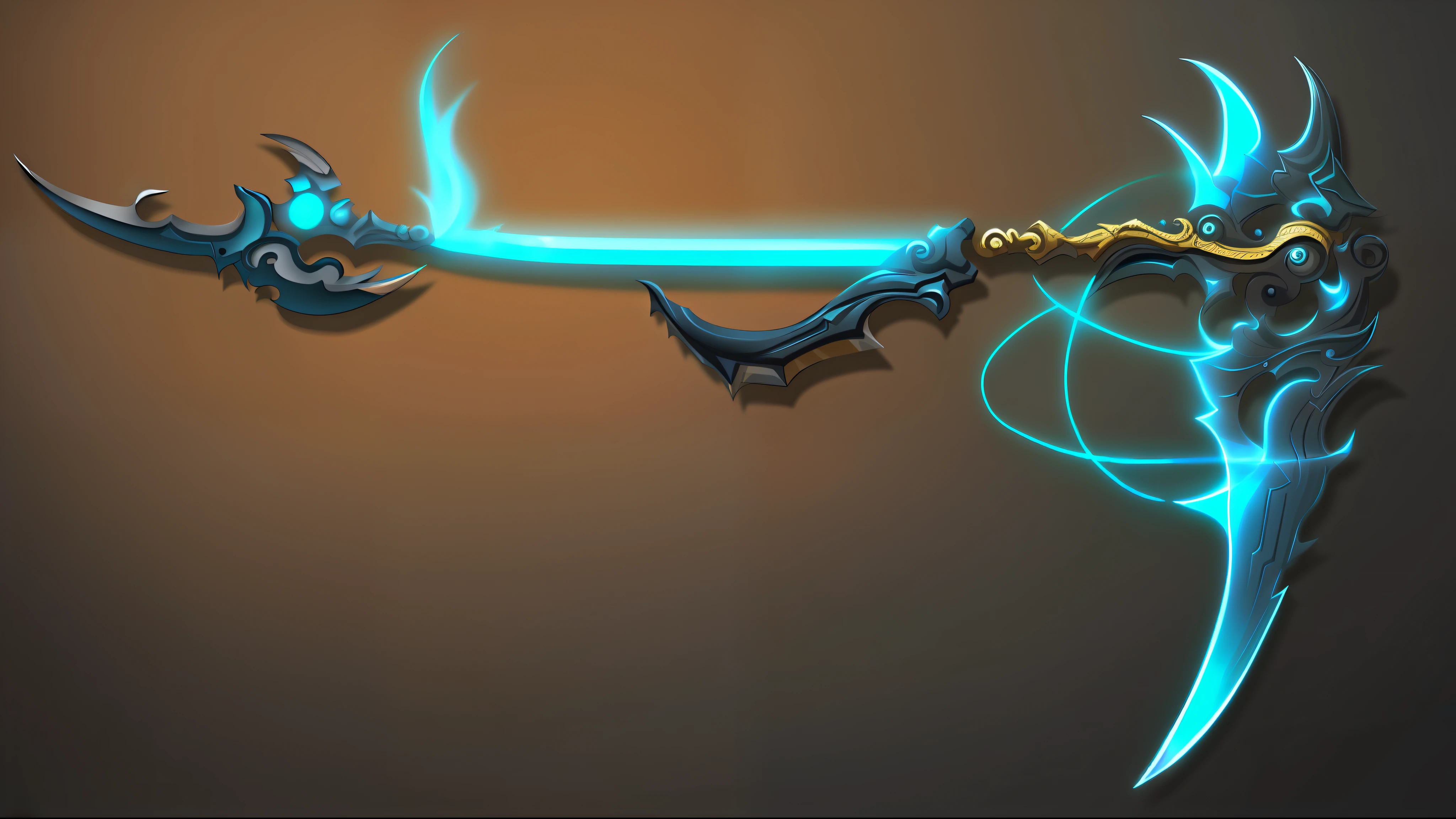 there is a blue and black sword with a long blade, arcane jinx, glowing draconic staff, fantasy scythe, magical fishing rod weapon, draconic staff, teal ethereal tendril wings, fantasy weapon, war blade weapon, long detailed ornate scythe, intricate fantasy spear, dragon staff, magical longbow, sword antlers, wizard magic staff, magic staff