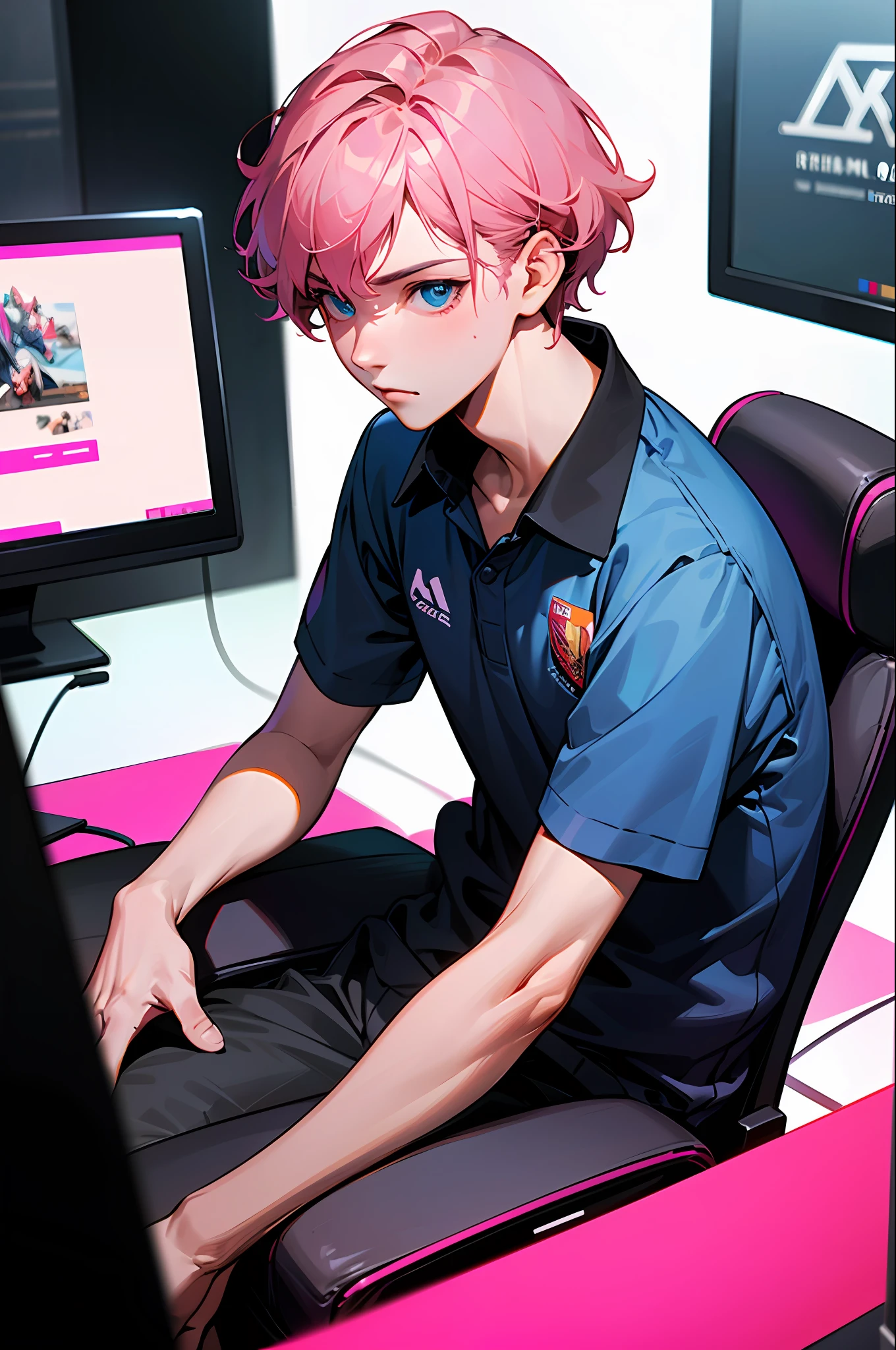 Best quality: 1.0), (Super High resolution: 1.0), Boy with short wavy pink hair, blue eyes, sitting in front of computer games, background in esports room, Hyper realistic, very detailed, 5 fingers on each hand, BOY ONE BOY A MALE, SUPER REALISTIC HUMAN
