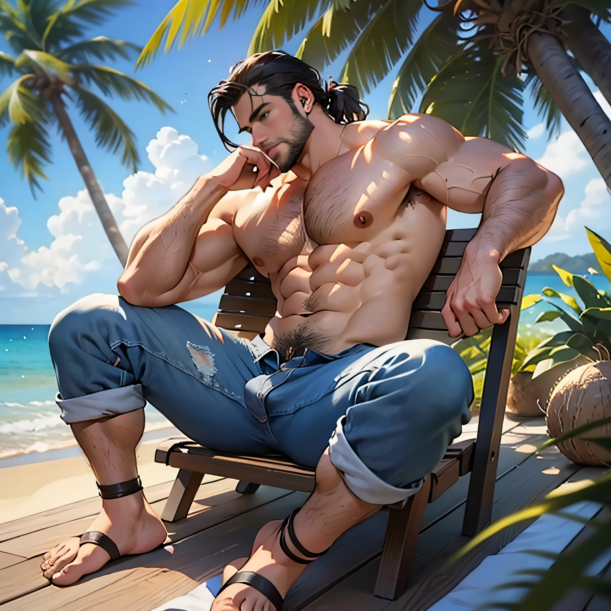 A strong European man, Zeus, ancient Greek, protruding crotch, only white panties, mature, muscular, long beard, 1boy, on a golden beach, crawling on a deck chair on the beach, the sea is blue, the sky is clean and beautiful, the sun is blazing, there are several coconut trees on the shore, a few coconuts have fallen on the ground, revealing the chest and abdomen), black hair, blue eyes, high nose, muscular, wearing flip-flops (bare feet), 4k, thick muscle，daddy，rich Particle light effects，Ray tracing，Volumetric light and shadow，Hairy，Ultra-high resolution,Rich background,large breasts，musclar，realistic，photo，Full body shot