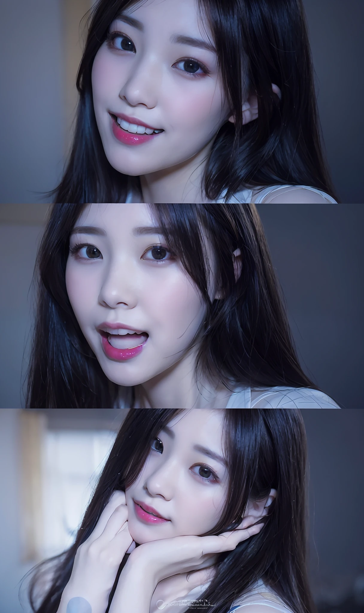 there are two pictures of a woman with long hair and a smile, wan adorable korean face, beautiful faces aesthetic, beautiful aesthetic face, she has a cute expressive face, she has a cute face, clear cute face, milky white skin, aesthetic!!!!!! female genie, 4 k hd face!!!, ulzzang, with cute doting eyes, from 8 k matte