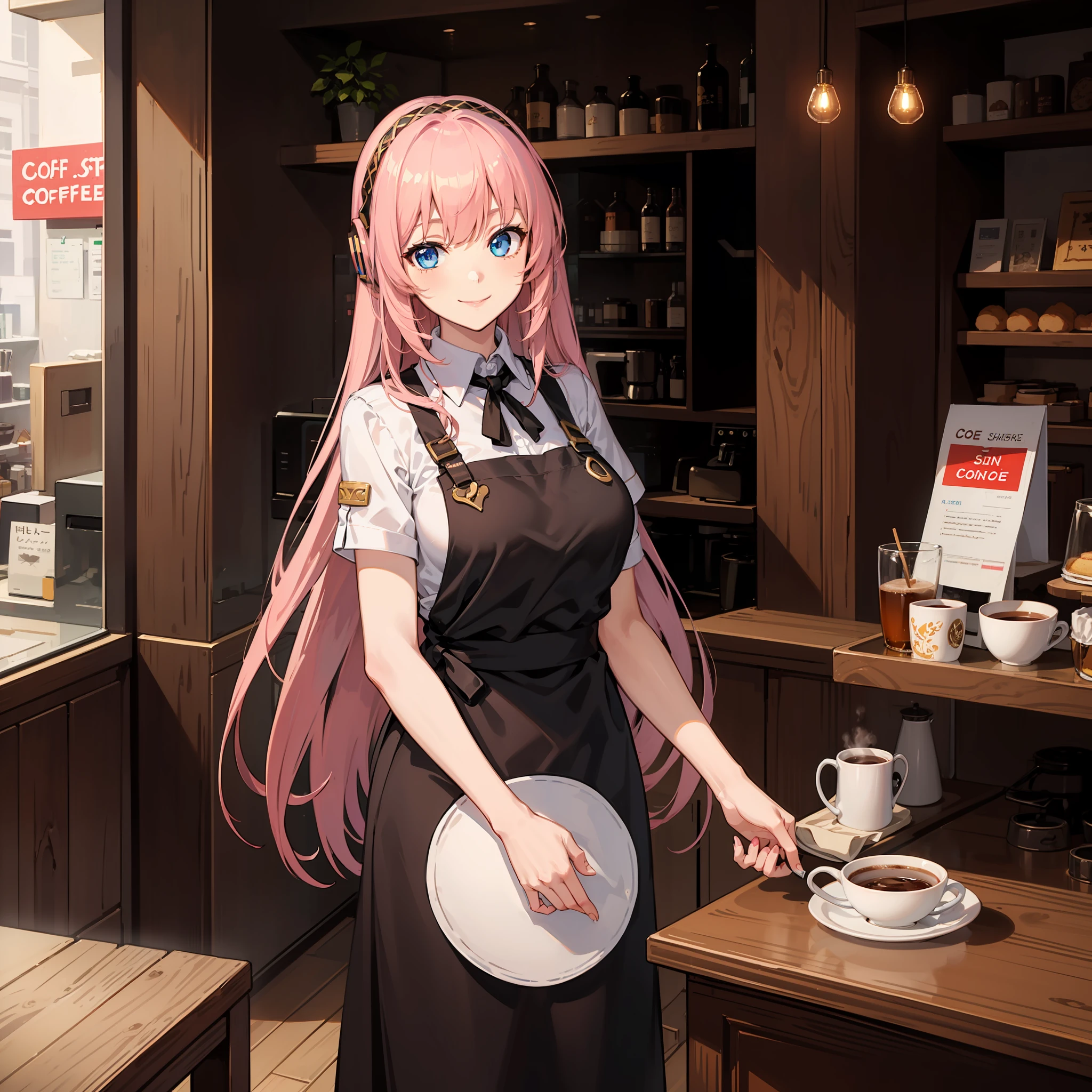 Megurine Luka, pink long hair, VOCALOID, blue eyes, top quality, big breasts, apron, coffee shop background, smile,