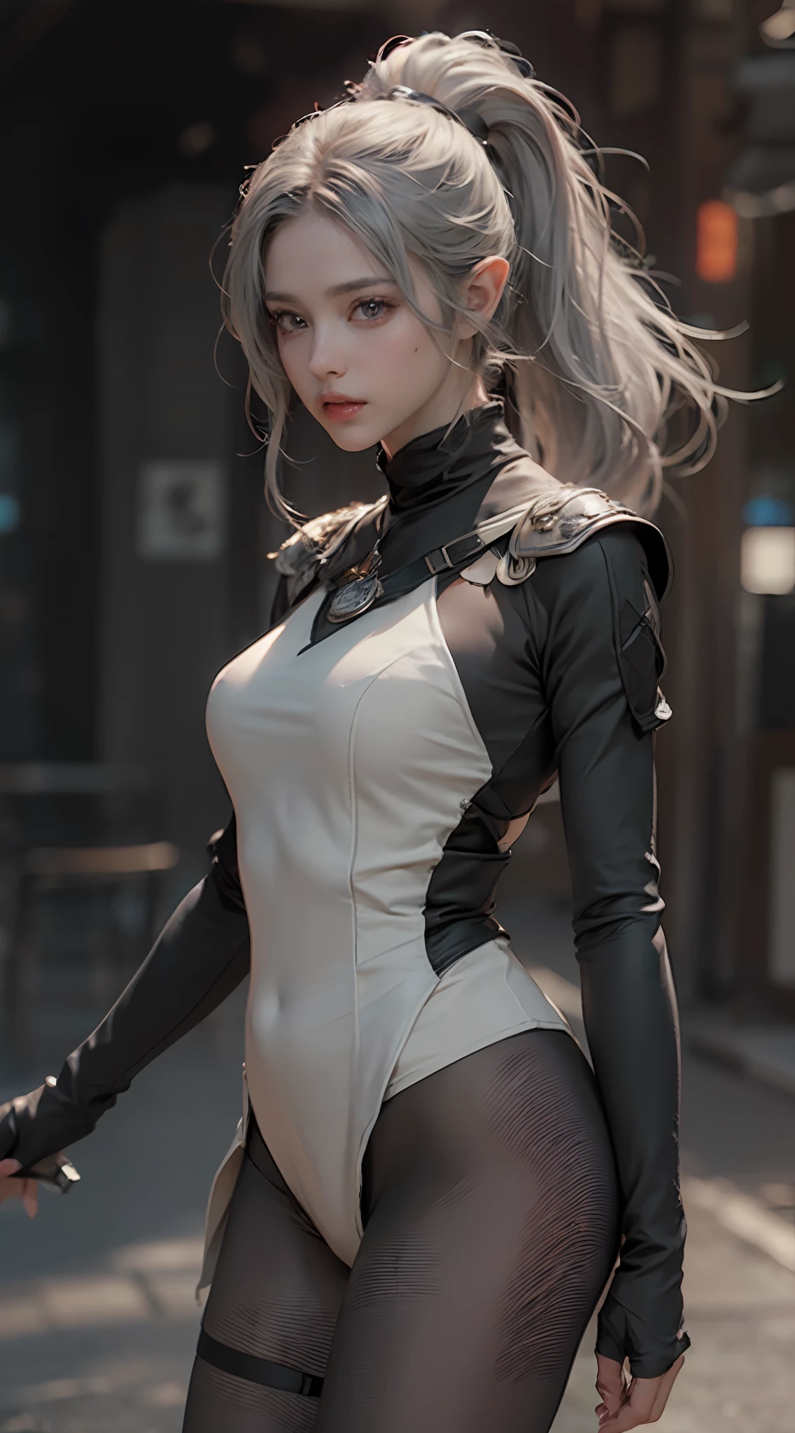((Best Quality)), ((Masterpiece)), (Details: 1.4), 3D, A Beautiful Elven Female Figure, (Tights: 1.4) (Silver Hair, High Ponytail: 1.4) (Western European Fantasy Background: 1.4) (Fantasy Wind) HDR (High Dynamic Range), Ray Tracing, NVIDIA RTX, Super-Resolution, Unreal 5, Subsurface Scattering, PBR Texture, Post-processing, Anisotropic Filtering, Depth of Field, Maximum Clarity and Clarity, Multi-layer Textures, Albedo and Specular Mapping, Surface Coloring, Accurate Simulation of Light-Material Interactions, Perfect Proportions, Octane Render, Bicolor Light, Large Aperture, Low ISO, White Balance, Rule of Thirds, 8K RAW,