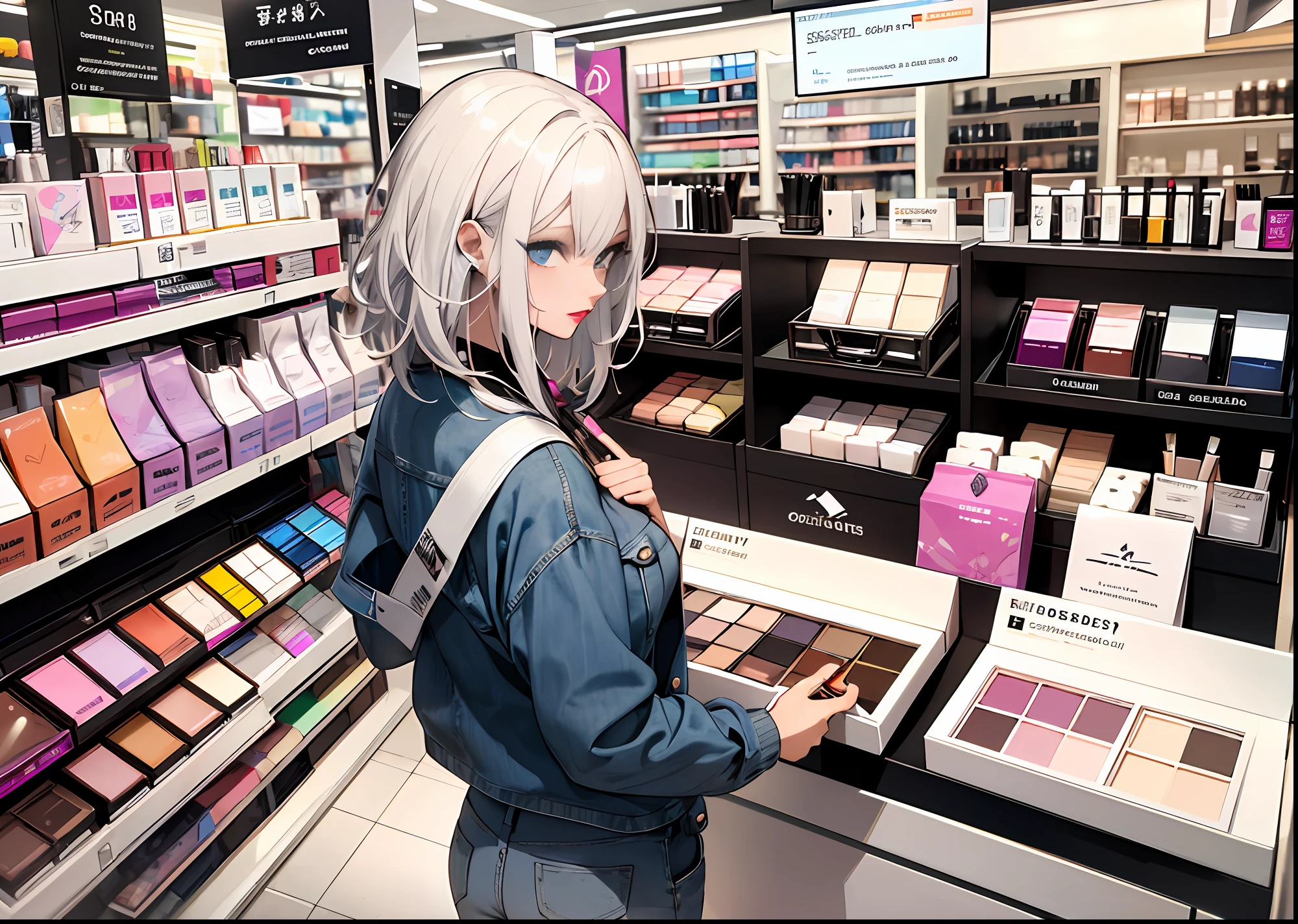 1 girl, white hair, denim shorts,(cosmetics),(lipstick),(cosmetics counter),(display products),(beauty consultant),(colorful shades),(customer interaction),(try on samples),(confident saleswoman),(stylish look),(cosmetics brand).