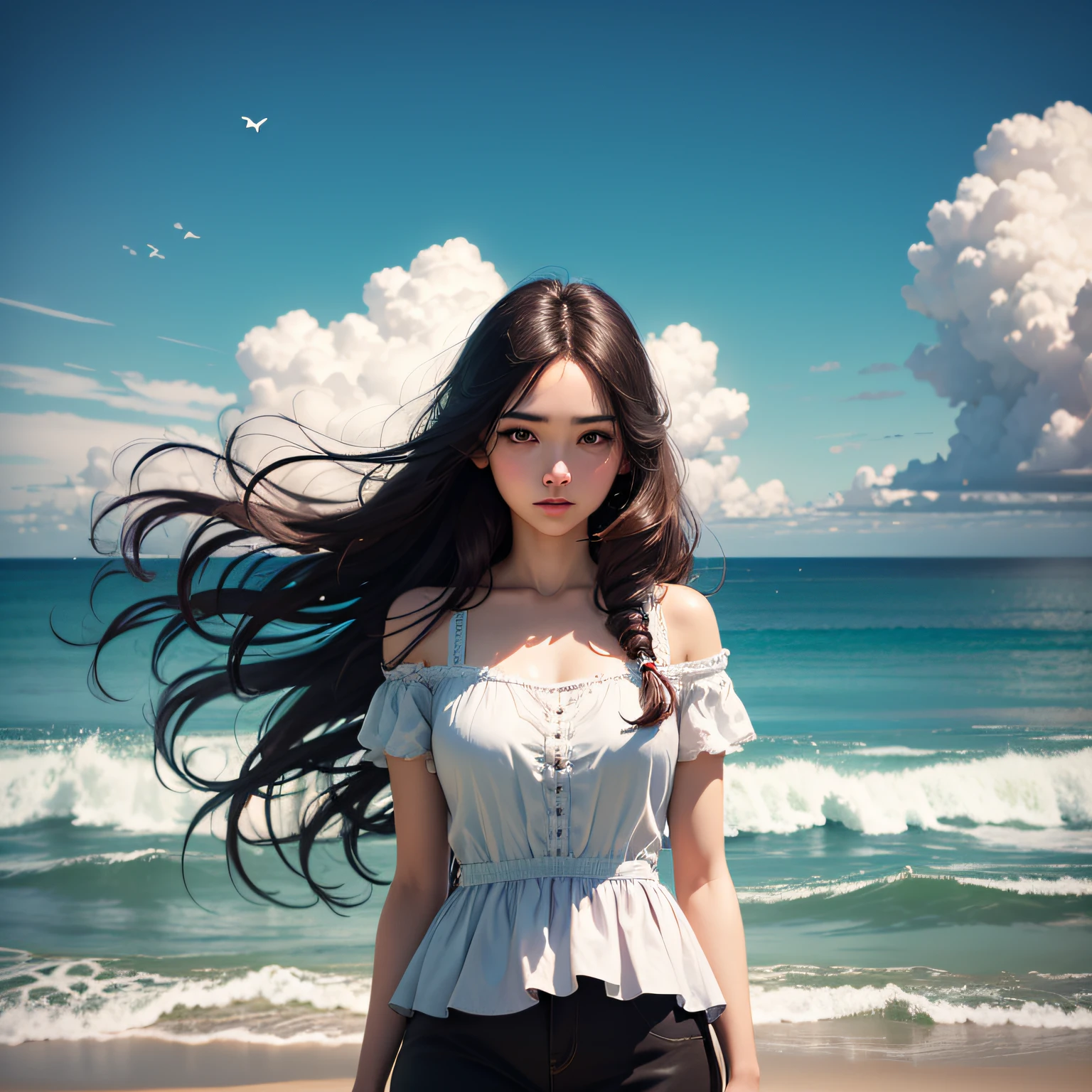 Concept art, wisps of overhead angle, facing the sea, spring blossoms, girl, long hair fluttering, blue sky and white clouds, sky overlapping clouds, Unity 8k wallpaper, super detailed, aesthetic, masterpiece, best quality, realistic --auto