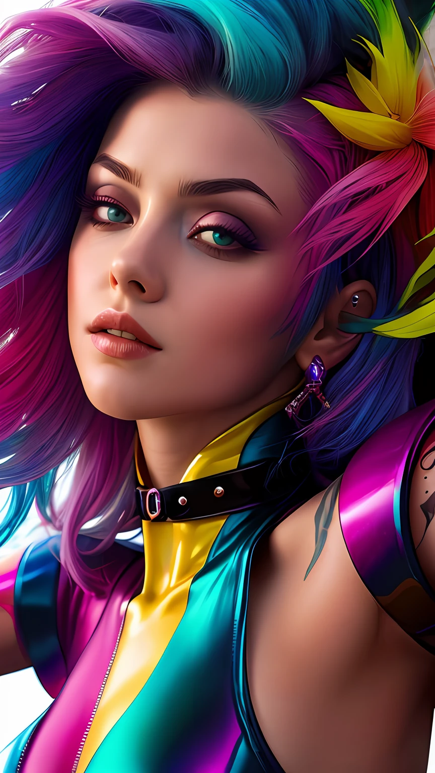 photo of woman, sexy, large breasts, punk, pink hair, one side shaved head, ([Britney Spears|Ashley Greene|Amber Heard]:0.85), [stanleylau style|uodenim style], armor suit, hips, sensual, shinny skin, oily skin, tattoos, close up, face focus, detailed face, lips, choker, jewelry, [(colorful explosion psychedelic paint colors:1.21)::0.2], kitchen, masterpiece, best quality, rainbow colors, colorful, high contrast,