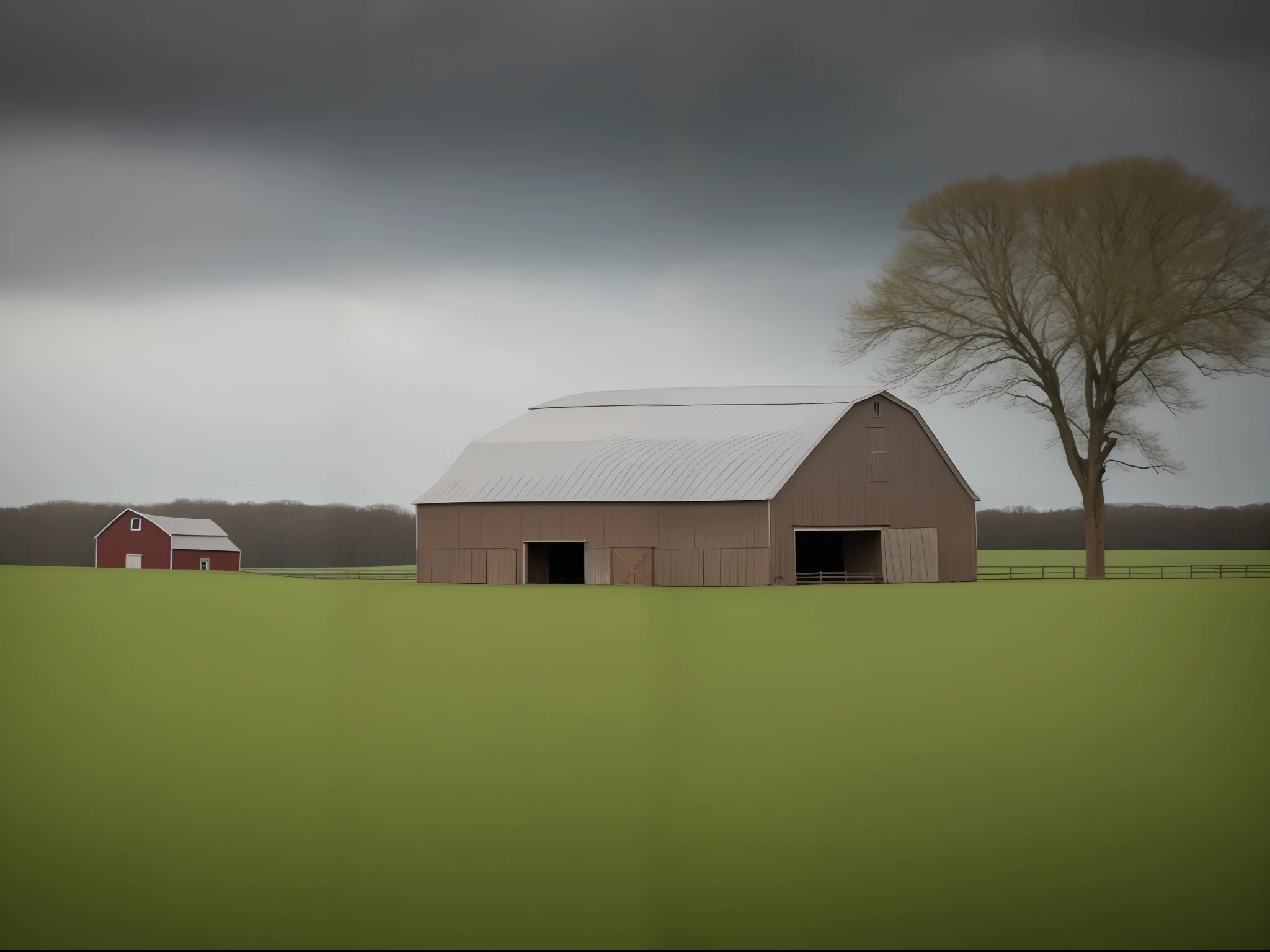 a green field without trees with gray sky and a barn in the background 100% in focus with sigma 150mm lens and nikon d7200 f/5.6-6.3 G OSS, natural light, hyper realistic photography, ultra detailed –ar 3:2 –q 2 –s 750