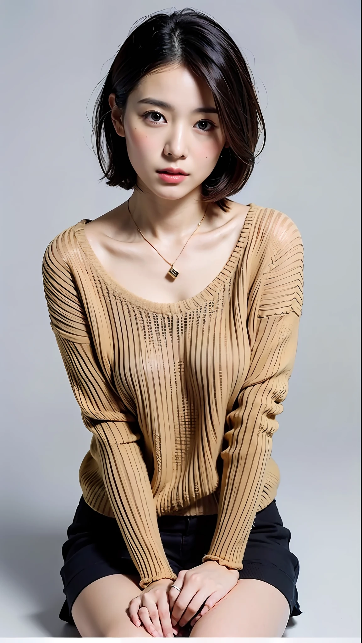 (Best Quality, 8k, 32k, Masterpiece, UHD: 1.2), Cute Japan Woman Pictures, Very Short Bob Hair, Face Focus, (oversized_sweater,:1.1) Necklace, Simple Background, Watch Viewer, Leaning Forward, Full Body