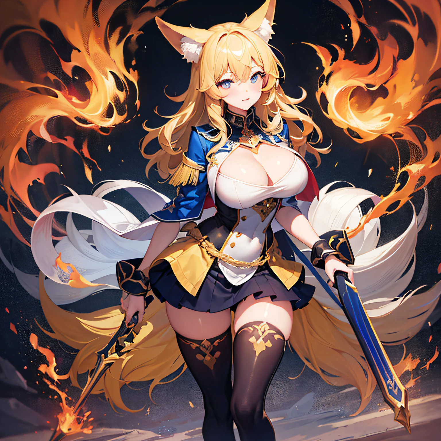 Absolutely beautiful fox girl, perfect slim body, mature royal sister face, yellow hair, large curly hair, college combat uniform, sexy and seductive, beautiful face, full body portrait, standing pose, 4K picture quality, feminine expression, blush shyness, deep eyes, huge breasts, short skirt, fire magic. The bust is huge