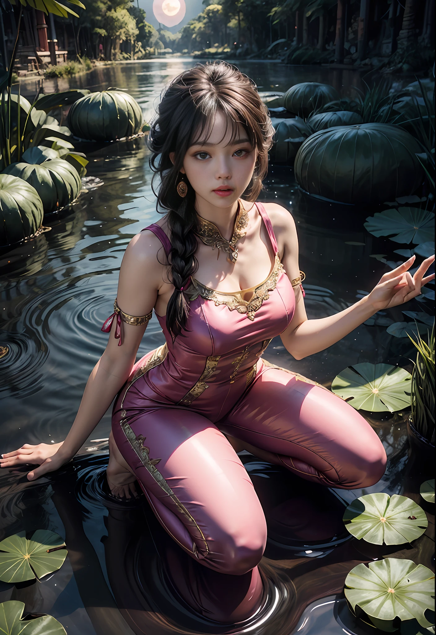 Kneeling in a lotus pond, lots and lots of lotus flowers, art depicts a charming woman in a flowing, silky traditional oriental dress in pink, tight translucent trousers, decorated with intricate patterns and bright colors. Her dress drapes elegantly over her curvy figure, accentuating her seductive silhouette. She knelt gracefully by the tranquil lotus lake, bathed in the soft glow of the moonlight. The scene exudes an ethereal and dreamy atmosphere, with a touch of mystery and sexiness. The graphic style blends watercolor and digital illustration techniques to evoke a refined beauty and charm. The lights are filled with soft moonlight, casting soft highlights and shadows on her charming features. Bare thighs, wearing tight translucent pants, large breasts, three-dimensional facial features, kneeling, upturned legs, side braids