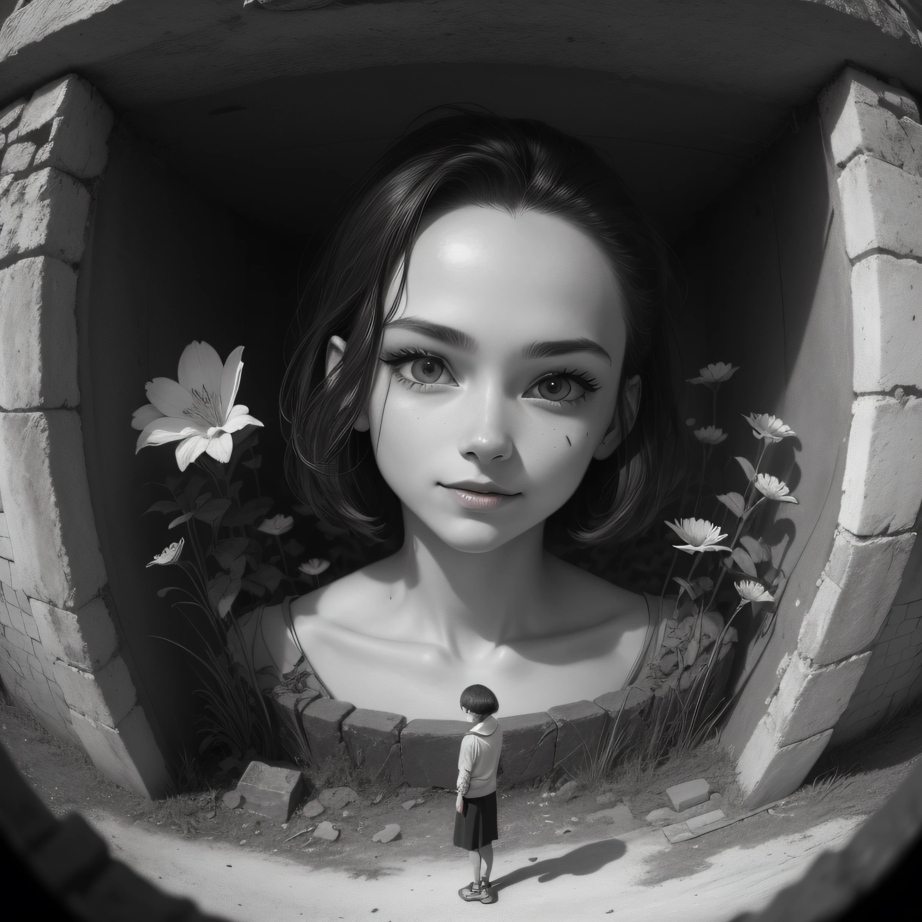 (background ancient ruins), original,(illustration:1.2 black and white),(best quality), (masterpiece:1.2), (extremely detailed 8k unit wallpaper, black and white image, made in HB graphite pencils, (panoramic photo:1.4),(full body:1.05), (splashes),((GRAFFITI)), sharp focus, 1 girl standing, with friends, (flowers, woods), outdoors, stones, make happy expressions, soft, pure smile, beautiful and detailed face and eyes, short hair, soft face, forehead --auto