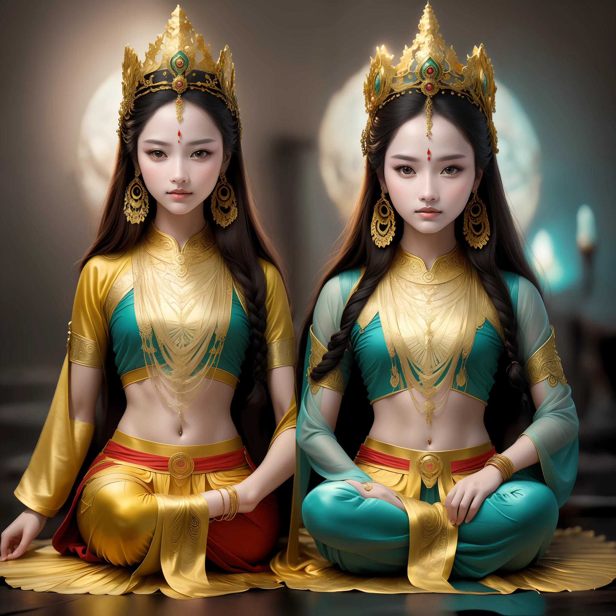 (Masterpiece, Top Quality, Best Quality, Official Art, Beauty and Aesthetics: 1.2), (1girl: 1.3), Sitting on a lotus, (Blue skin), Hair crown, Very detailed, (fractal art: 1.2), Colorful, Most detailed, (Zentangle: 1.2), (Dynamic pose), (Abstract background: 1.5), (Traditional clothing: 1.2), (Shiny skin), (Multiple colors: 1.4),