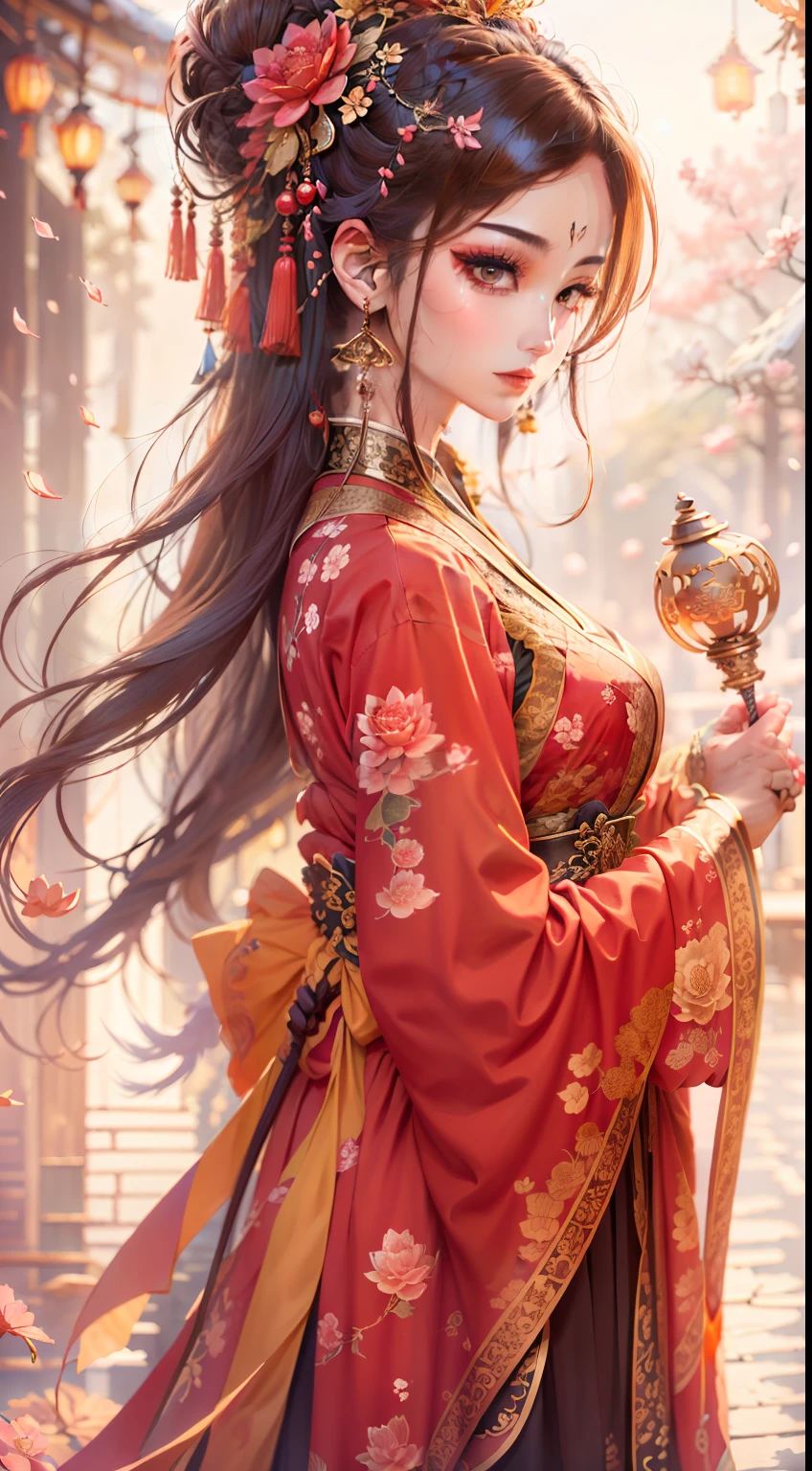 masterpiece, best quality, ultra-detailed, illustration, solo, artist:Li Wei, Chinese-inspired, traditional painting, soft and elegant brushstrokes, delicate silk robes in shades of crimson and gold, adorned with intricate floral patterns, elaborate headdress with ornamental hairpins, long flowing black hair, almond-shaped eyes with a hint of mystery, gentle smile, holding a delicate fan with delicate cherry blossom motif, standing gracefully on a stone bridge over a tranquil lotus pond, lanterns glowing softly in the background, traditional Chinese architecture with curved roofs and decorative elements, a serene atmosphere infused with the essence of Chinese culture