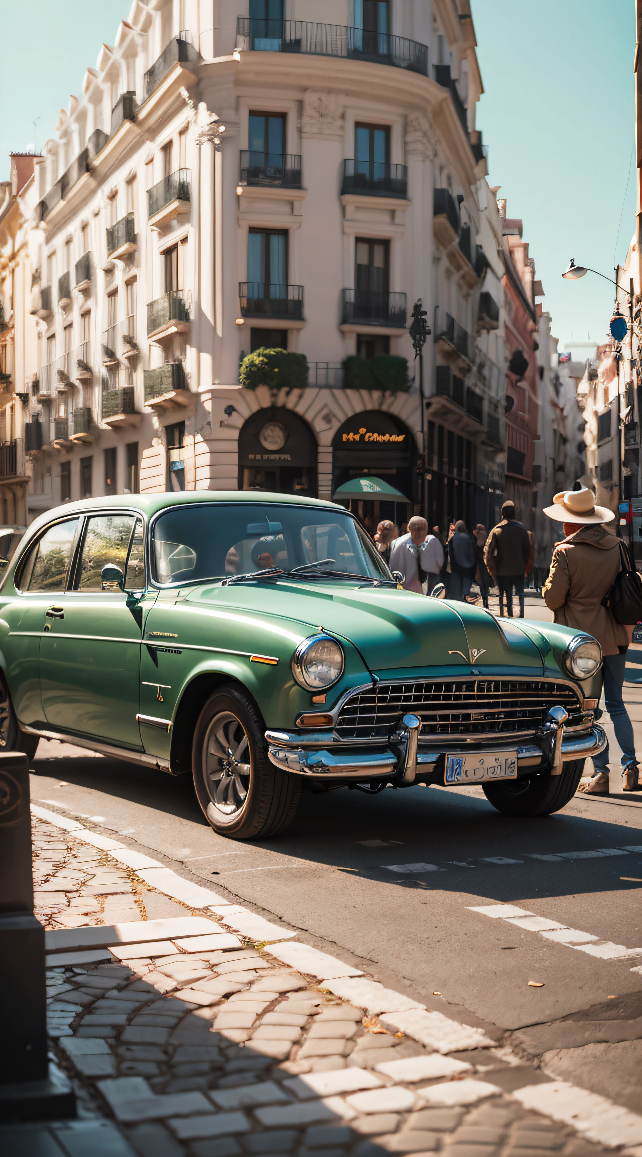 Madrid, Spain, different people dressed, different realistic cars, 16:9, screen resolution 1080x1920 pixels, realistic image, masterpiece, sunny day, proper lighting, --auto