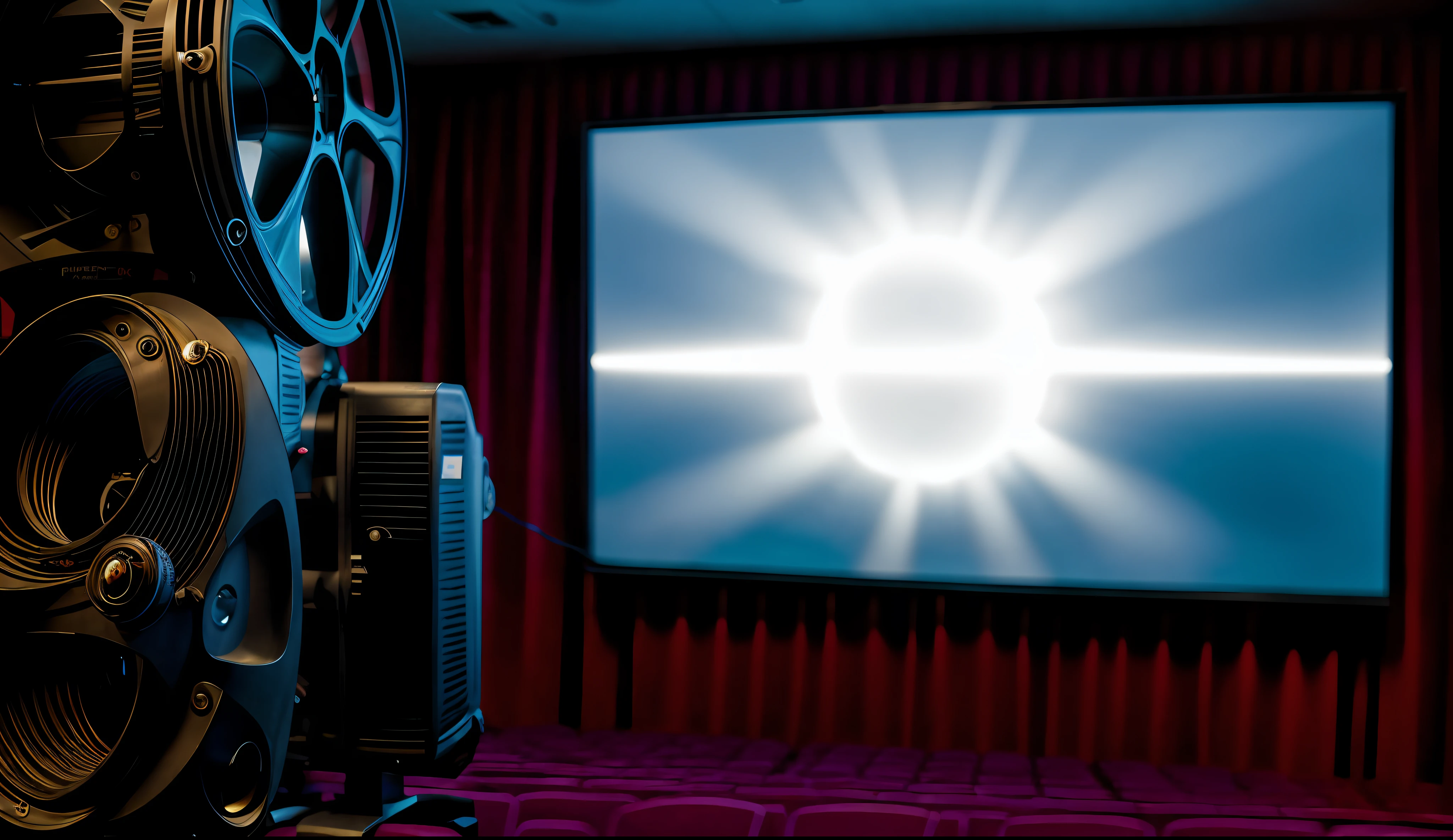 a close up of a projector with a projector screen in the background, cinema lighting, movie lights, movie lighting, film render, film lighting, cinematographic lighting, cinematic footage, movie footage, cinematic accent lighting, cinematic screen, cinematic movie image, cinematic image, cinematographic light, photo of the cinema screen, cinema studio lights, cinematography lighting, cinematográfica