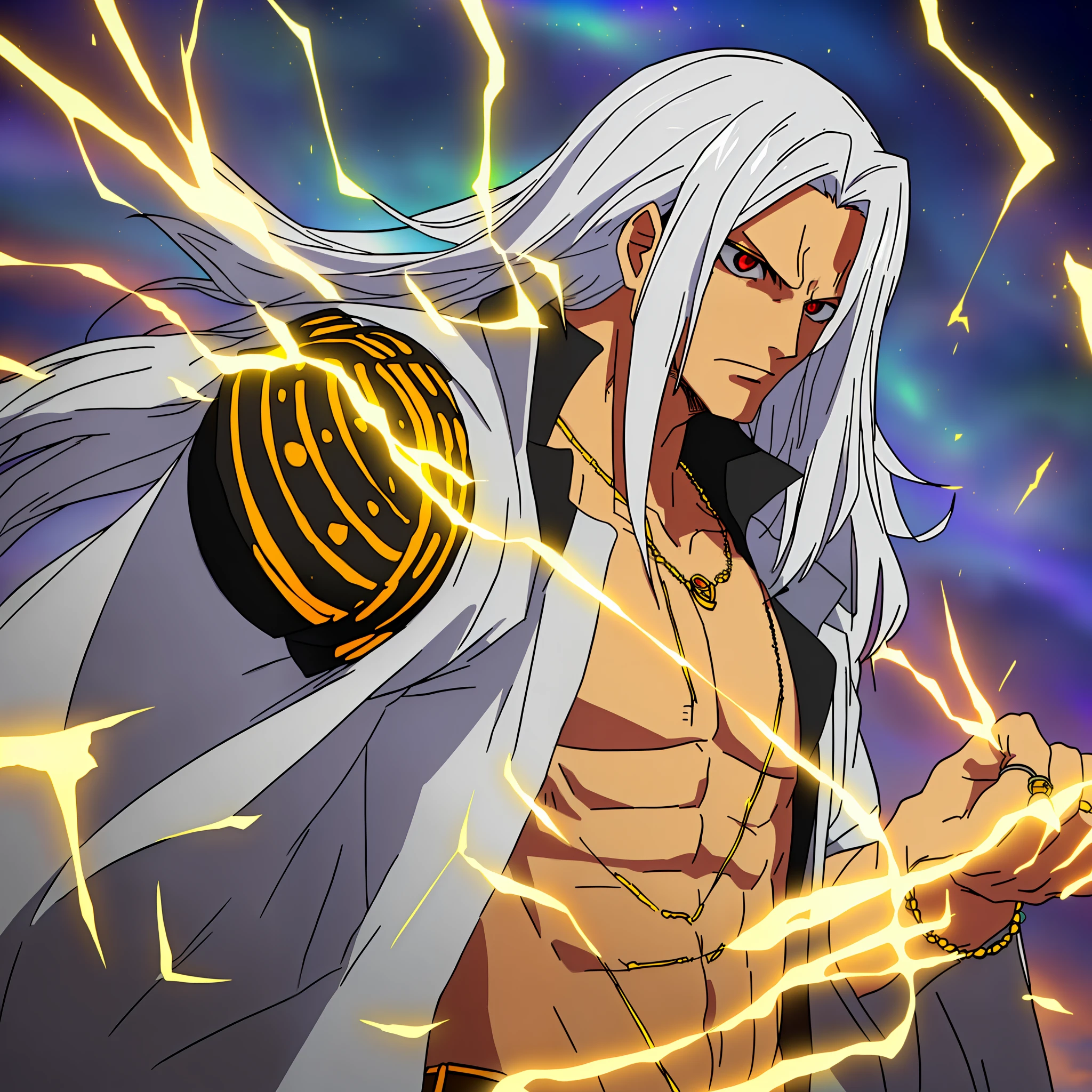 Highest quality, finely crafted lighting, young adult male, long back hair, gray multicolored hair, hair in stir, highlighted red eyes, night environment, lightning, sky with rays, divine style clothes, gold necklaces, white overcoat, gold rings