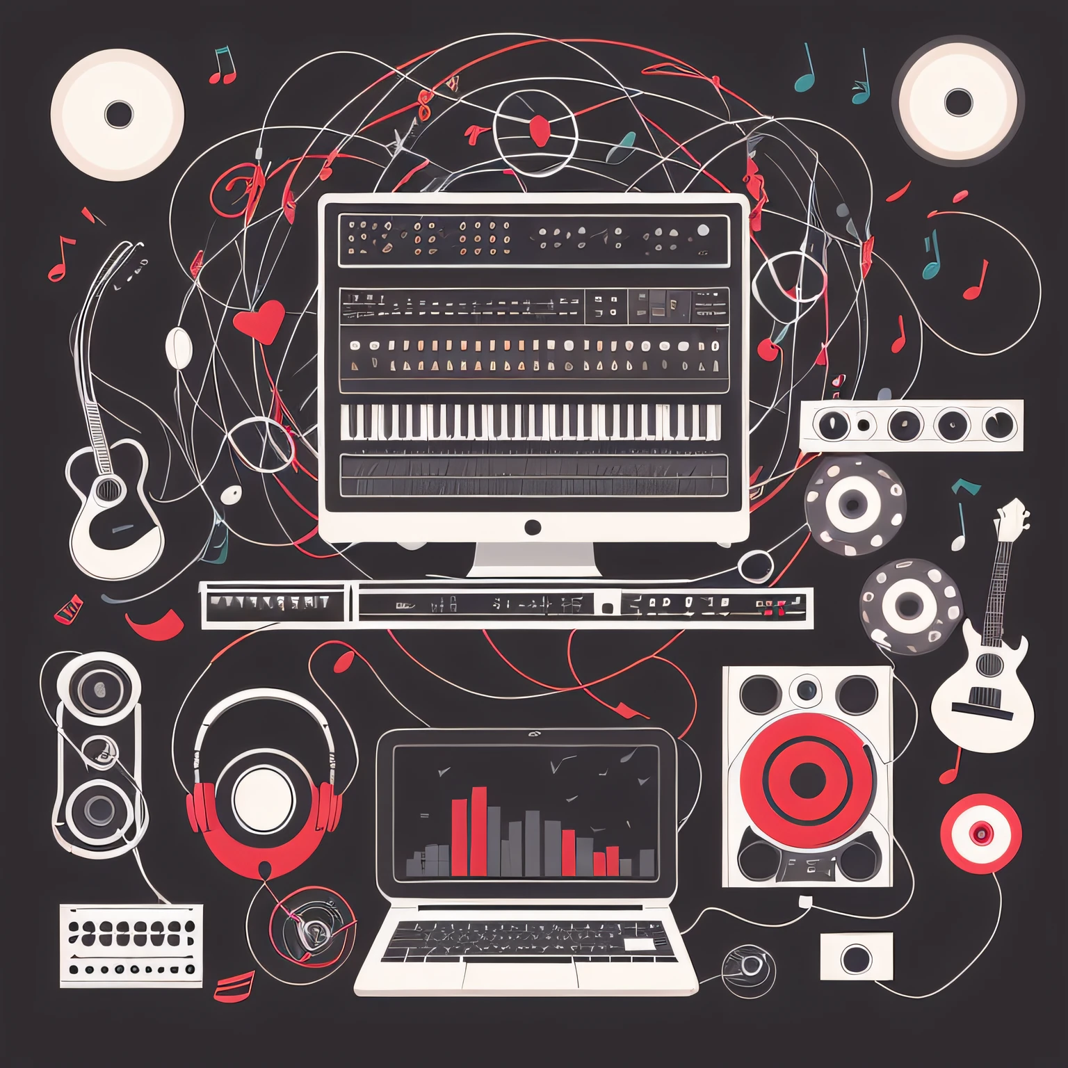 Musical artist called ReelRythms in a cozy environment full of technology and music. Vector; Colors: Black and White. --auto