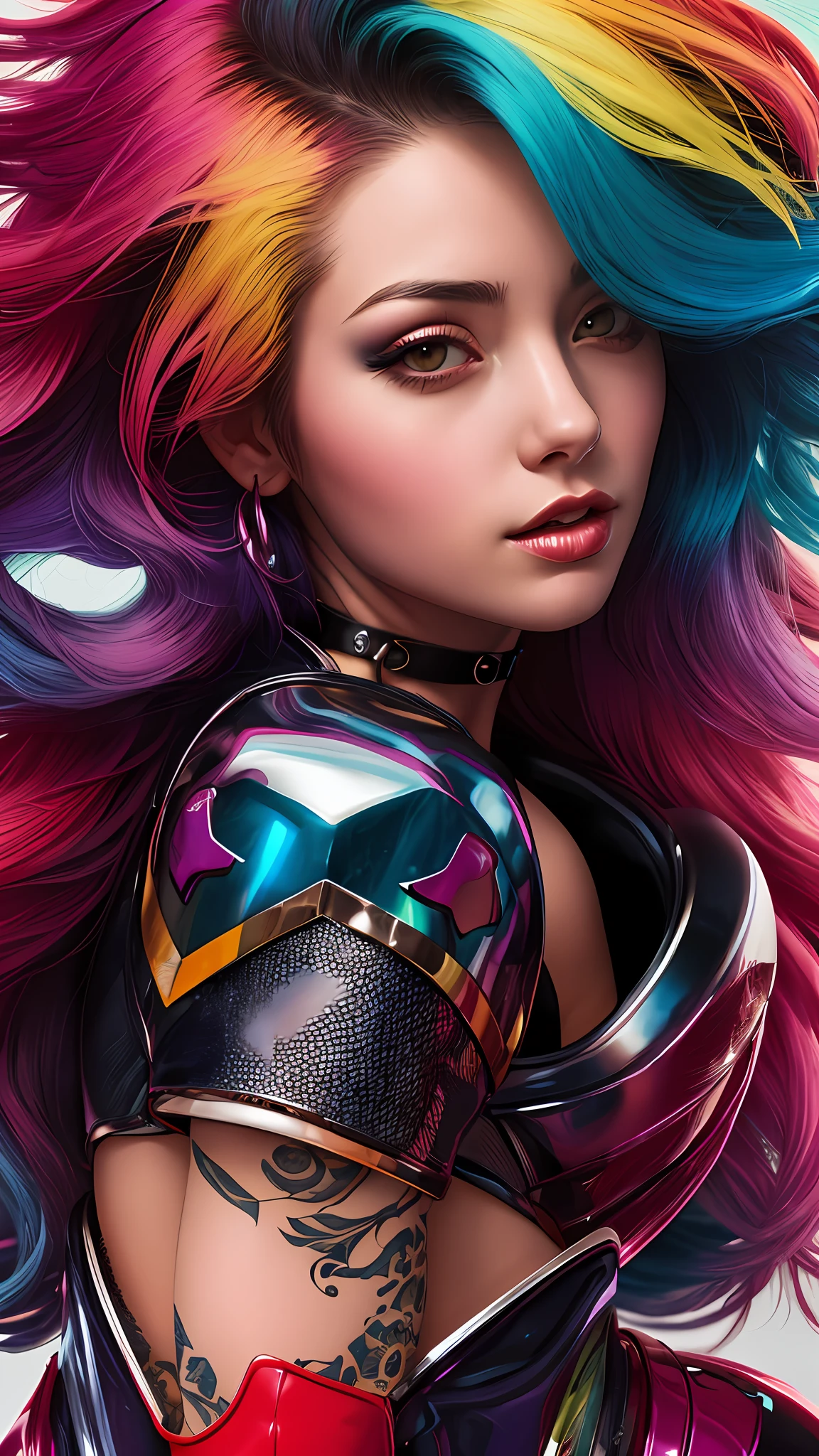photo of woman, sexy, large breasts, punk, pink hair, one side shaved head, ([Britney Spears|Ashley Greene|Amber Heard]:0.85), [stanleylau style|uodenim style], armor suit, hips, sensual, shinny skin, oily skin, tattoos, close up, face focus,
detailed face, lips, choker, jewelry, [(colorful explosion psychedelic paint colors:1.21)::0.2], kitchen, masterpiece, best quality, rainbow colors, colorful, high contrast,