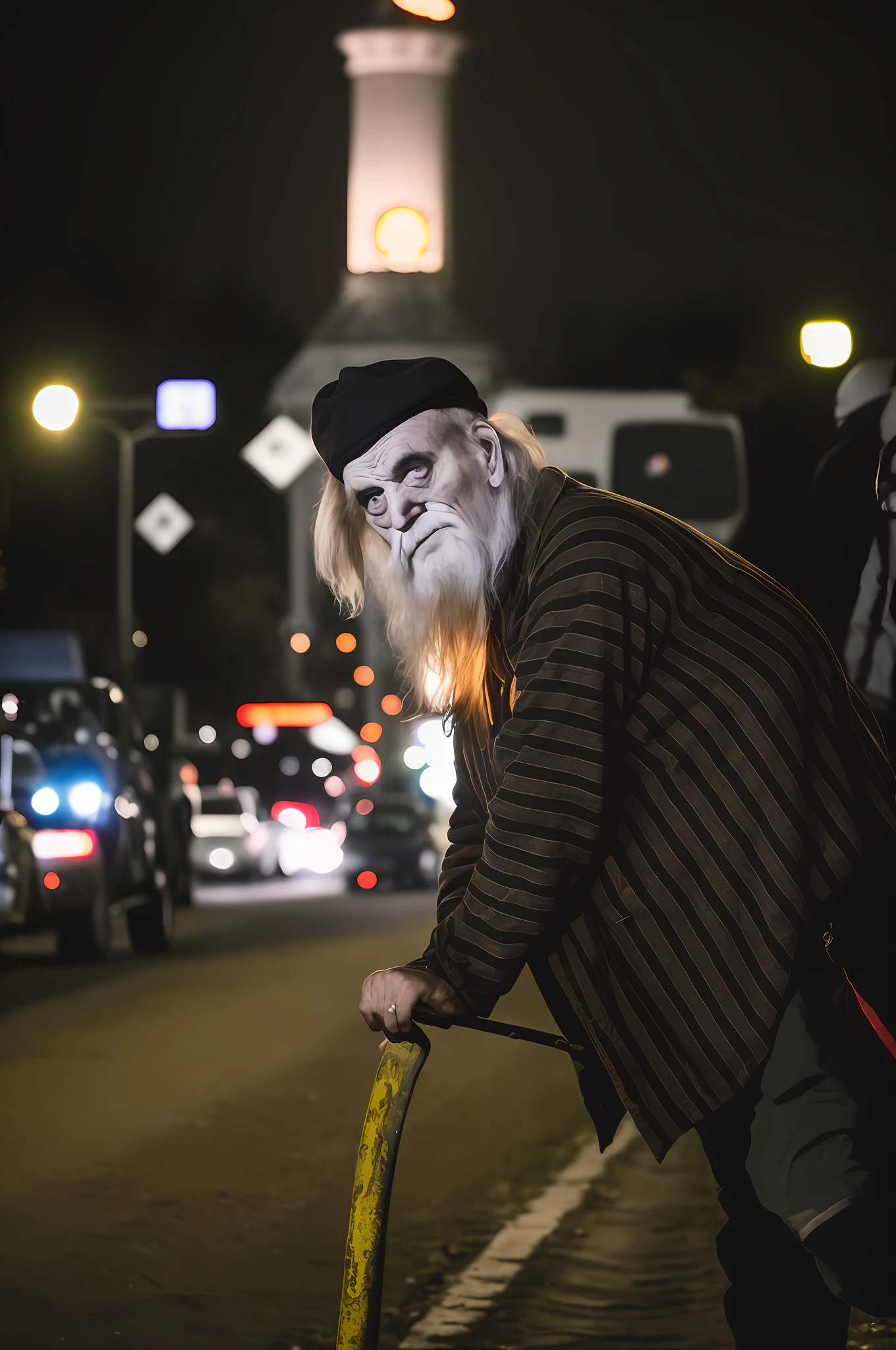 Real photo on the side of a dark road a tall, squalid man and like a pale appearance --auto