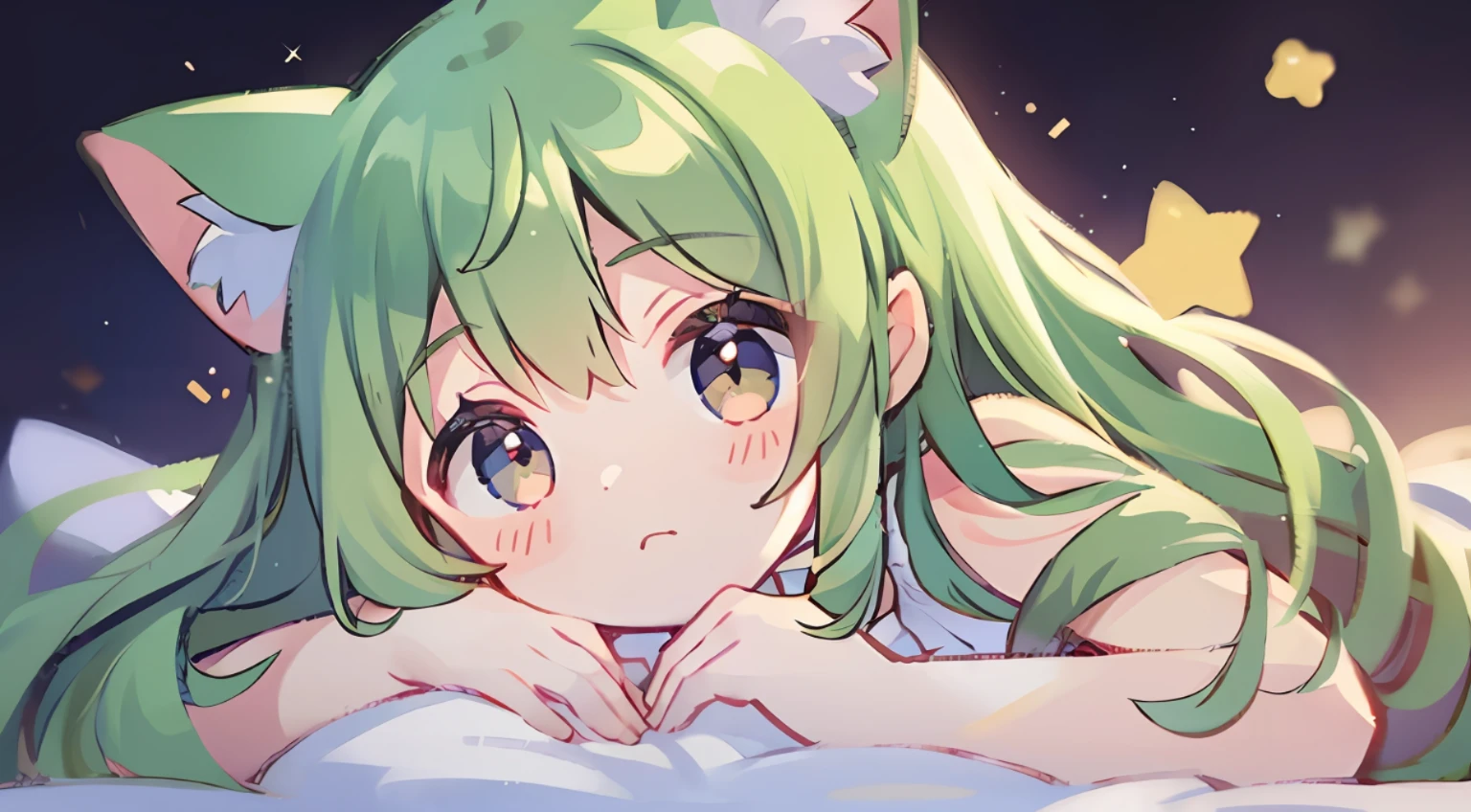 Top quality, masterpiece, super high resolution, pretty facial features, flat design, yellow theme,
One girl, light beige hair, indigo eyes, (sleepy eyes: 1.1), (cute yellow night dress), cute, one hand on face, bedtime, disheveled long hair, green hair, cat ears
(simple dark background), giant stars shining in the dark, bedroom, cure, ziyu,