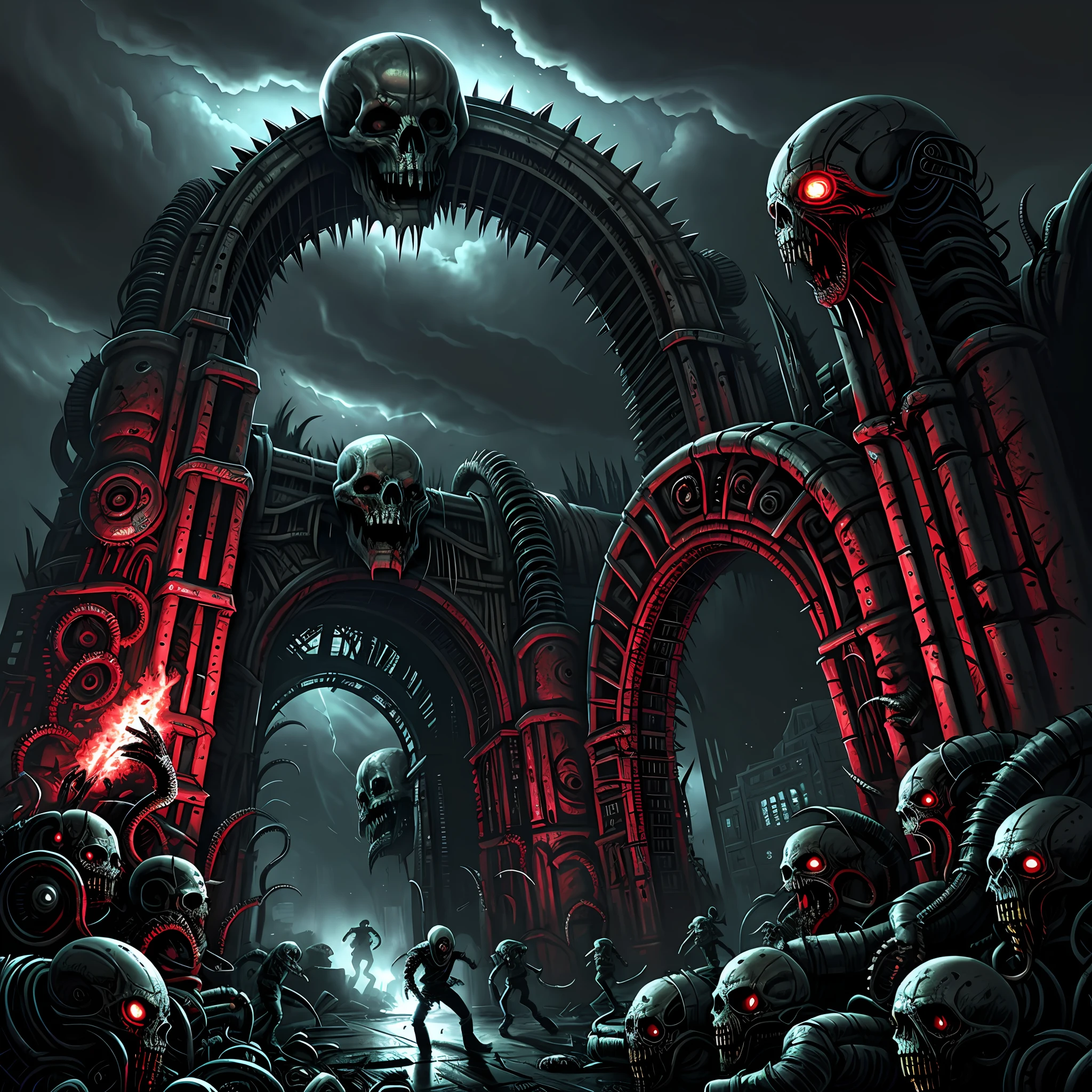 A brutal battle, Dead and sicks and zombies fighting each other, under a biomechanical arch of horror gateway, brutality, cosmic horror, tentacles, dark environment, night, horror, blood, fantastic, fear, panic, despair. Under a cloudy sky of disgrace. Horror art, unreal engine, UHD, sketch color drawing. Illustration by Derek Riggs.