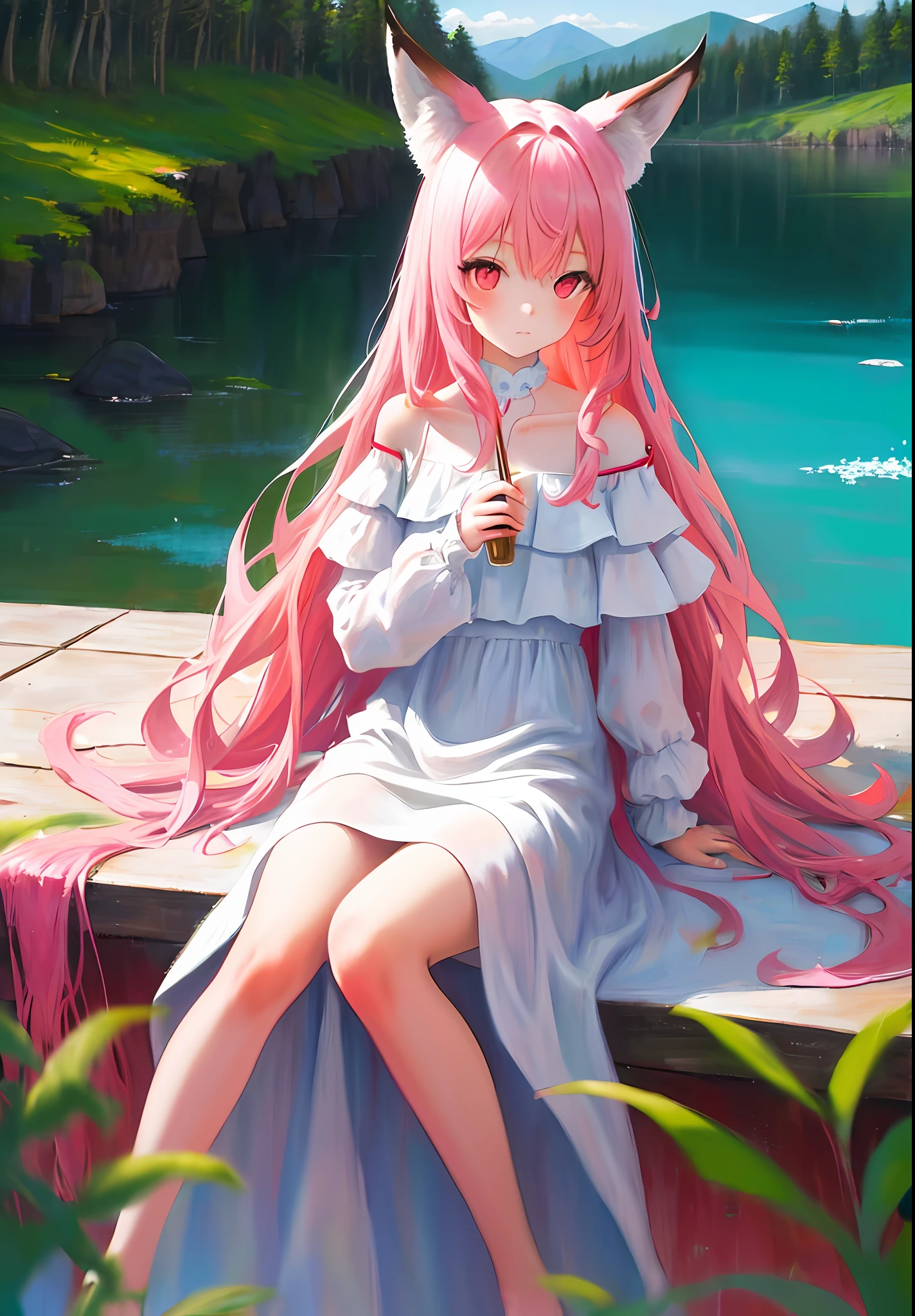 Fox ears,Pink hair,1girl,Red eyes,((transparency:1.1) white_off-shoulder dress),long hair,depth of field,oil painting,gouache,The red lake,