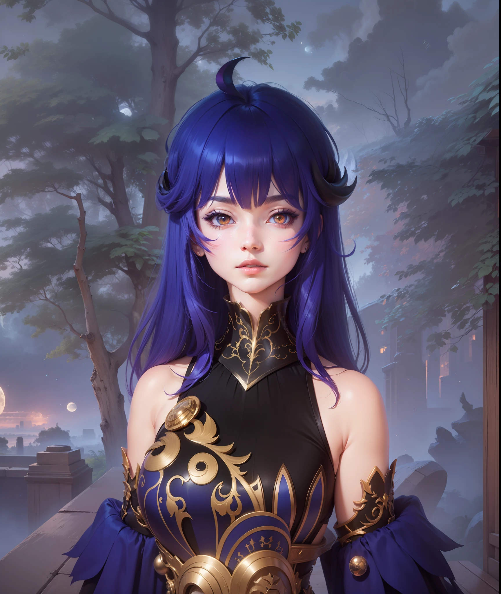 Anime character with horns and a heavy cybe parapet in the colors white dark pink standing in front of a full moon, moon clothes, fantasy outfit, in-game render, astral witch clothes, highly detailed full body, anime very detailed, clear outfit design, hair color white dark pink, 8k octae render photo, beautiful celestial demonin with large black cyborg wings on both sides