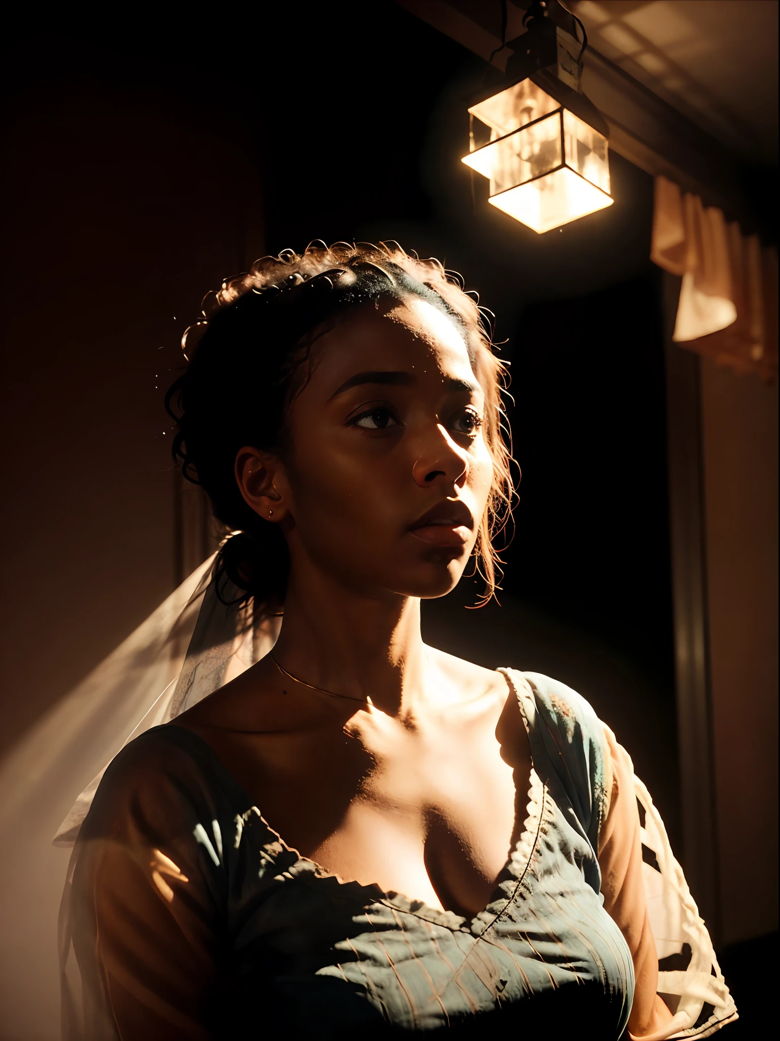 analog photographic highly detailed cinematic of a ghost beautiful ((drsk skinned)) African woman inside an apartment, hyperdetailed, ominous, ethereal, dramatic lighting, soft contrast, faded, by gregory crewdson