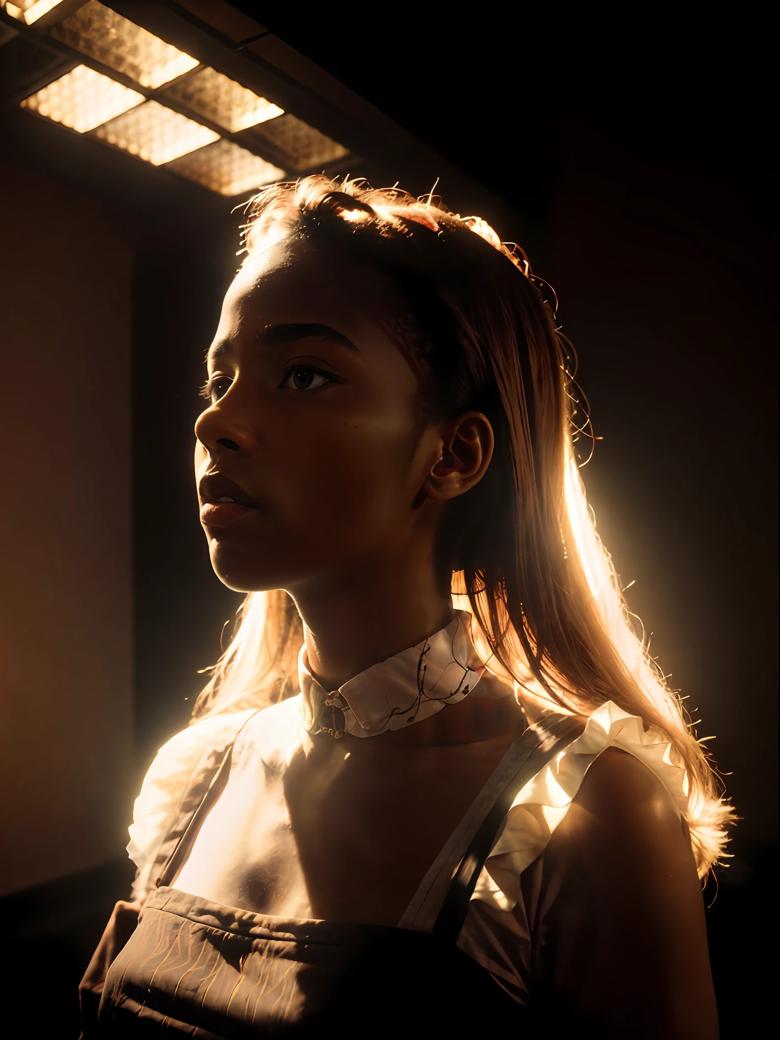 analog photographic highly detailed cinematic of a ghost beautiful ((drsk skinned)) African woman inside an apartment, hyperdetailed, ominous, ethereal, dramatic lighting, soft contrast, faded, by gregory crewdson