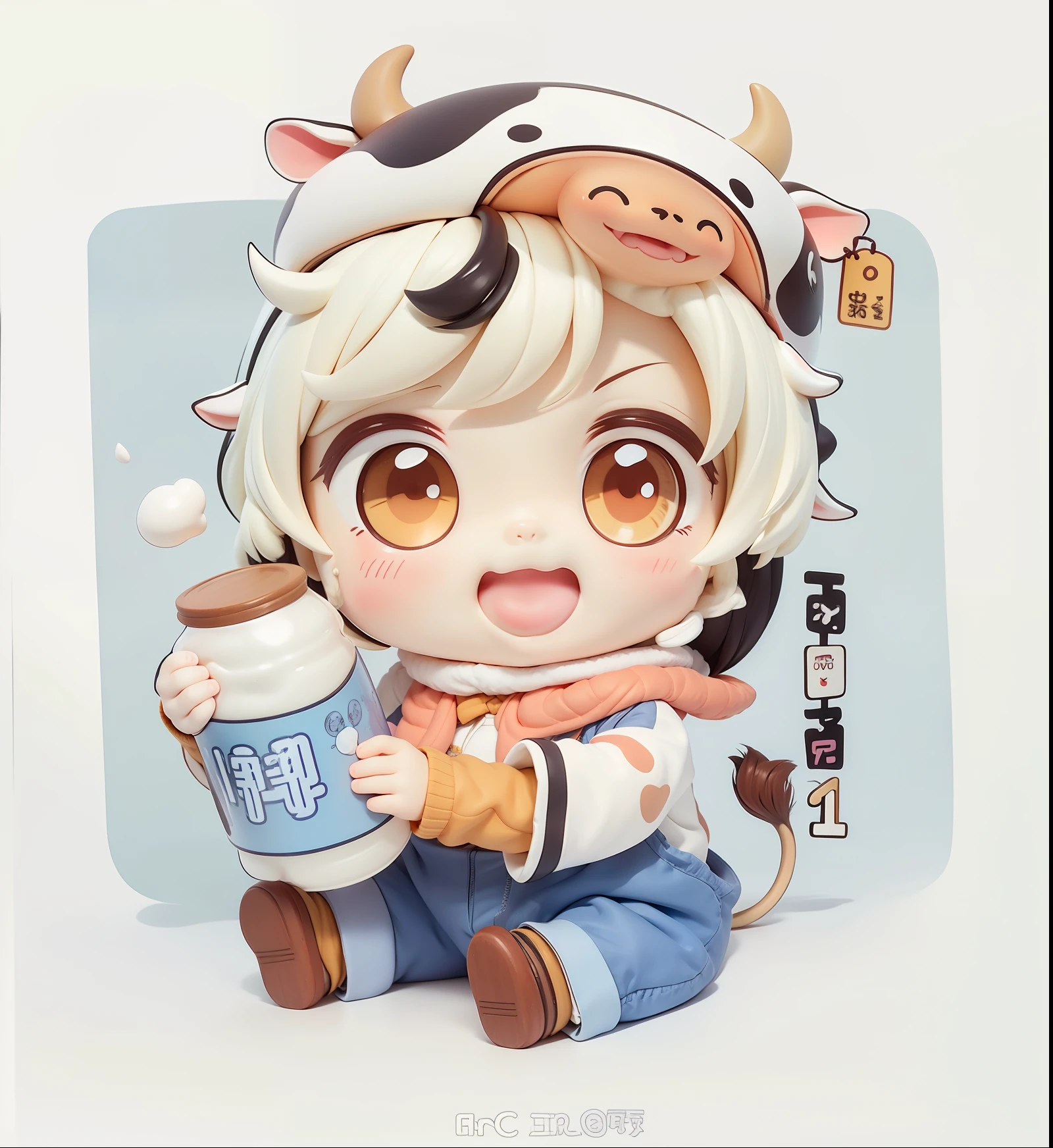 High quality, cute anime characters wearing cow-shaped hats, holding milk bottles in their hands, lively expressions, milk.