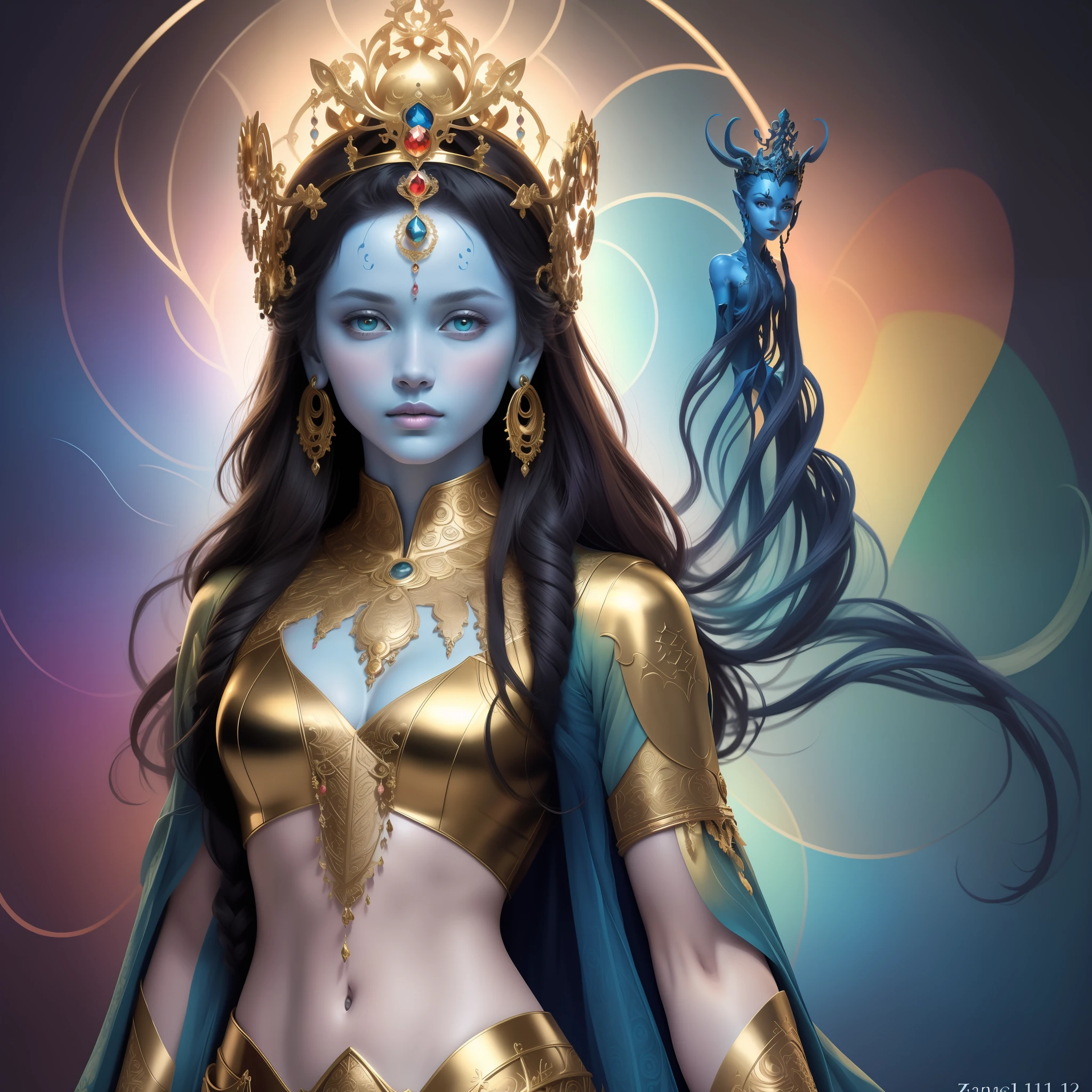 (Masterpiece, Top Quality, Best Quality, Official Art, Beauty and Aesthetics: 1.2), (1girl: 1.3), (Blue Skin), Hair Crown, Very Detailed, (Fractal Art: 1.2), Colorful, Most Detailed, (Zentangle: 1.2), (Dynamic Pose), (Abstract Background: 1.5), (Traditional Clothing: 1.2), (Shiny Skin), (Multiple Colors: 1.4),
