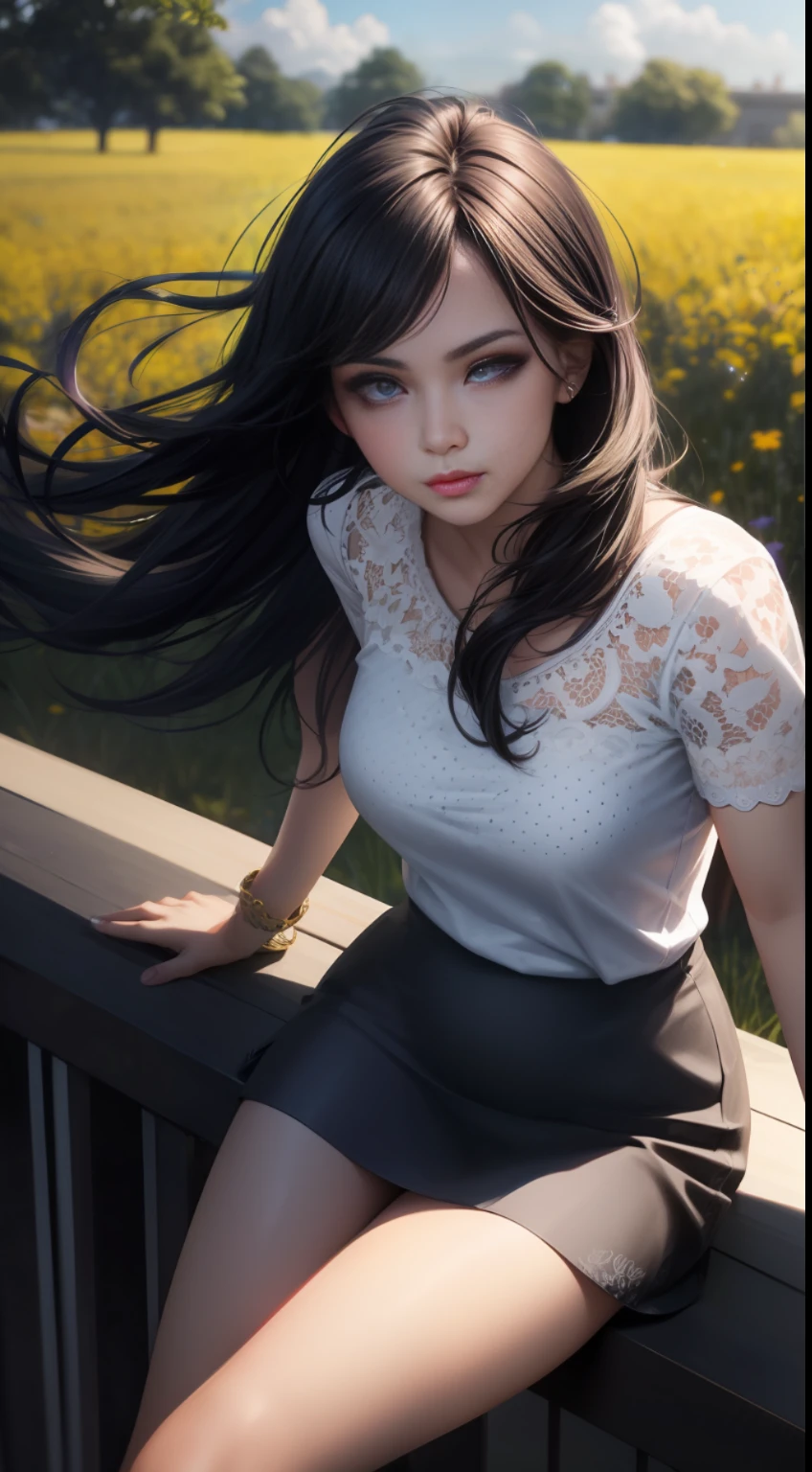 Realistic, (1girl), flowing hair, purple eyes, glowing eyes, seductive pose lying on railing, looking at the audience, summer, lace shirt, black and white polka dot skirt, parted lips, detailed face details, natural shadows, (field background: 1.2), depth of field, global illumination,