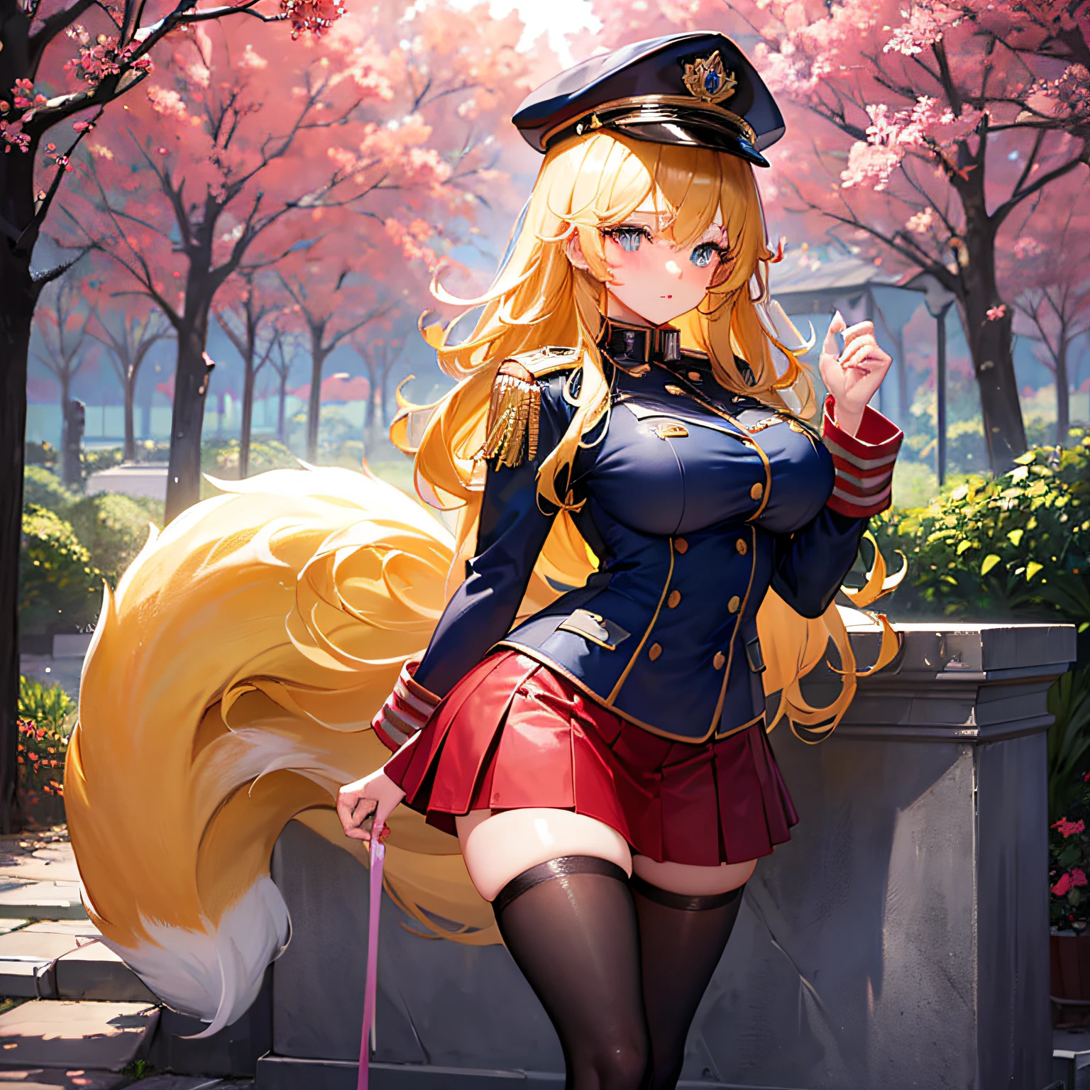 Absolutely beautiful fox girl, perfect slim body, mature royal sister face, yellow hair, large curly hair, college combat uniform, sexy and seductive, beautiful face, full body portrait, standing pose, 4K picture quality, feminine expression, blush shyness, deep eyes, huge breasts, short skirt, fire magic. The bust is huge
