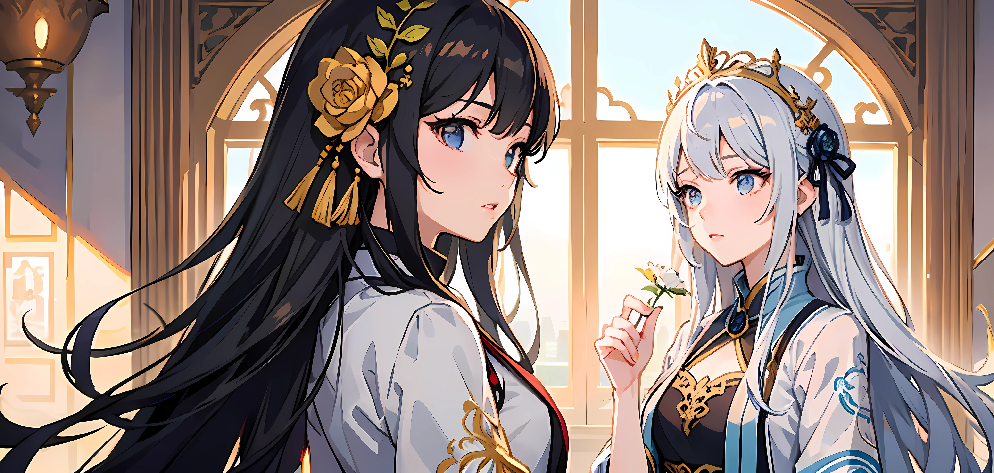 anime girl with long hair and a flower crown in a room, palace , a girl in hanfu, detailed digital anime art, kawacy, high detailed official artwork, guweiz on pixiv artstation, trending on artstation pixiv, intricate ornate anime cgi style, detailed anime artwork, anime fantasy illustration, detailed anime art, 8k high quality detailed art