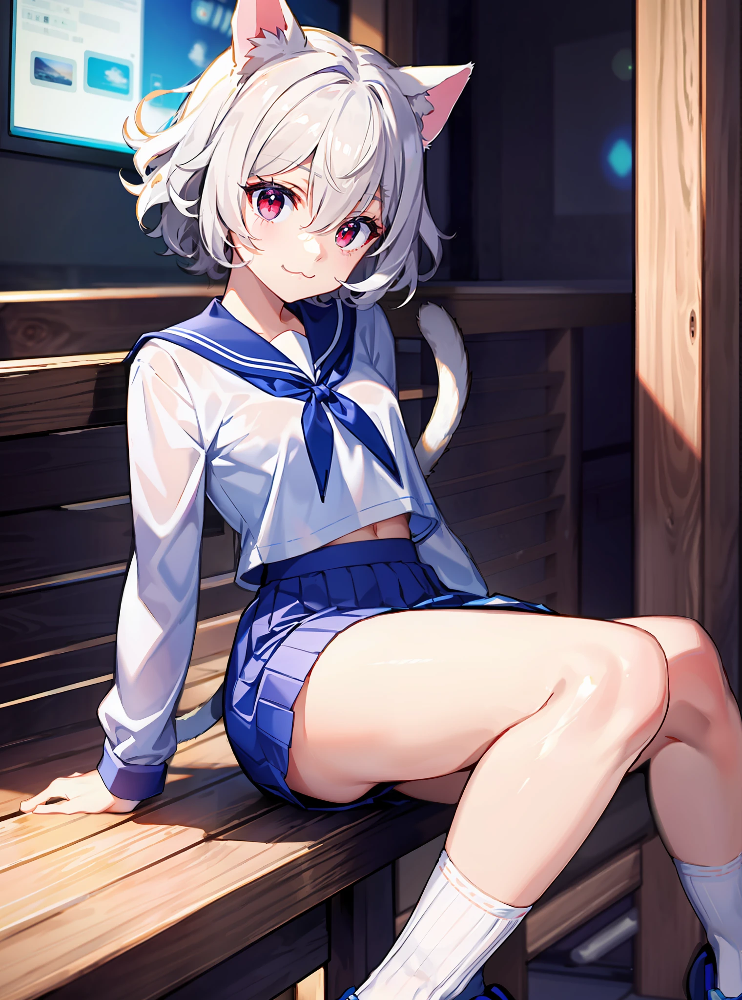 ((Masterpiece)), (Best Quality: 1.7), (detail: 1.4), (High resolution: 1.4), 8K, (color: 1.5), 2D, High resolution, Sharpen image, 4K, HD, neferpitou_hunterxhunter, 1 other, solo, red eyes, white hair, tail, white socks, animal ears, curly hair, hair between eyes, medium breasts, hermaphroditous, short hair, cat ears, blue sailor suit top with navel exposed, cat tail,  (((white calf socks)), (narrow eyes), ((slim)), long legs, :3, short skirt, movie lights, (proud)), ((adult characters)), sitting, looking at the audience, front, full body, sneakers