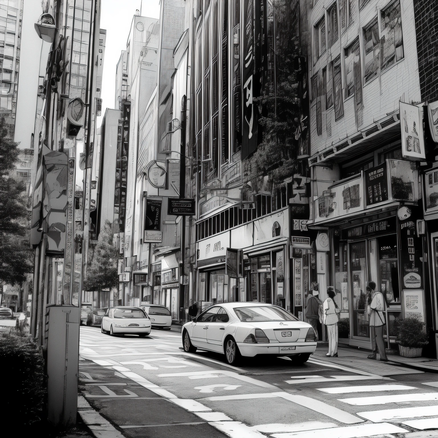 (black and white) street city buildings, traffic signs, super detailed best quality