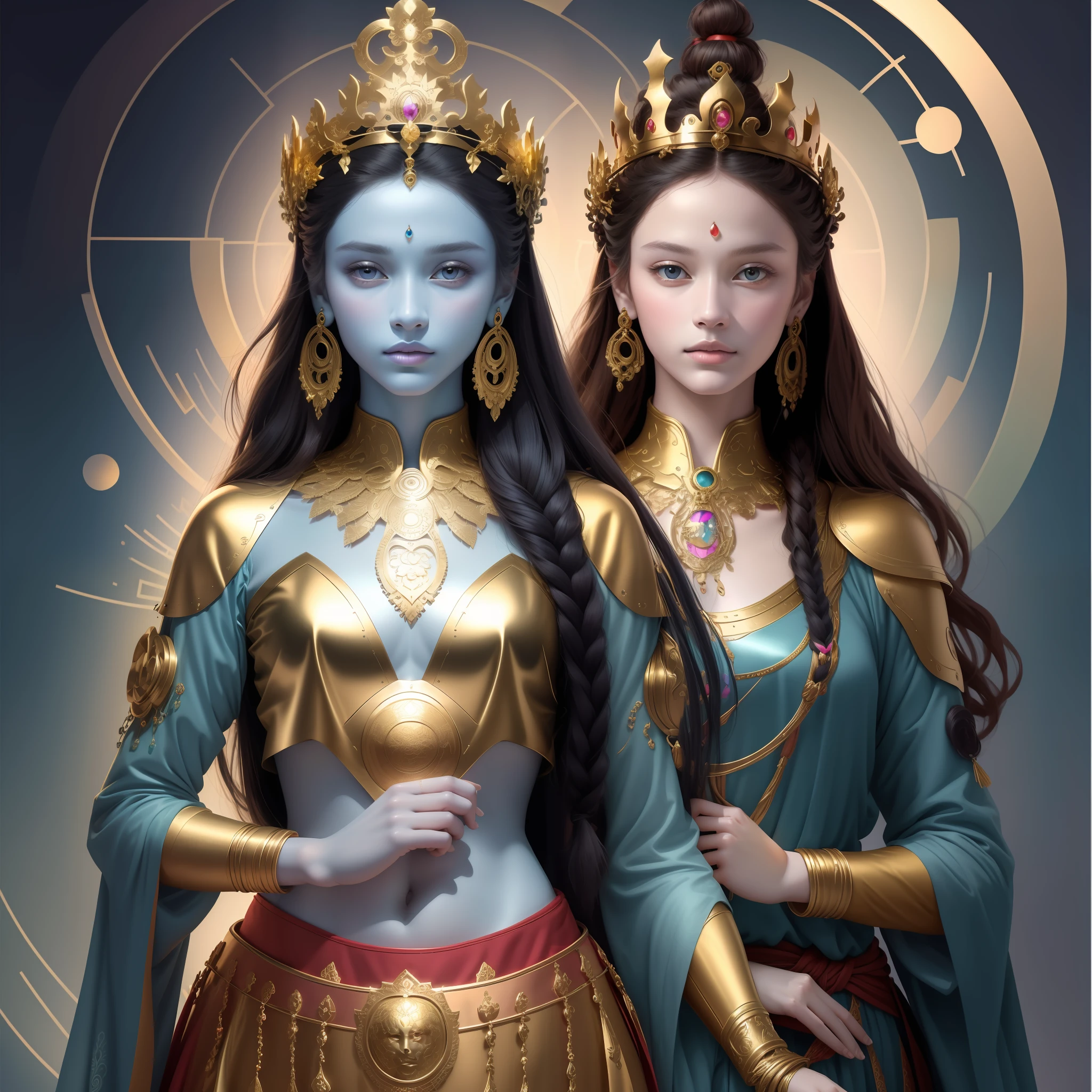 (Masterpiece, Top Quality, Best Quality, Official Art, Beauty and Aesthetics: 1.2), (1girl: 1.3), (Blue Skin), Hair Crown, Very Detailed, (Fractal Art: 1.2), Colorful, Most Detailed, (Zentangle: 1.2), (Dynamic Pose), (Abstract Background: 1.5), (Traditional Clothing: 1.2), (Shiny Skin), (Multiple Colors: 1.4),