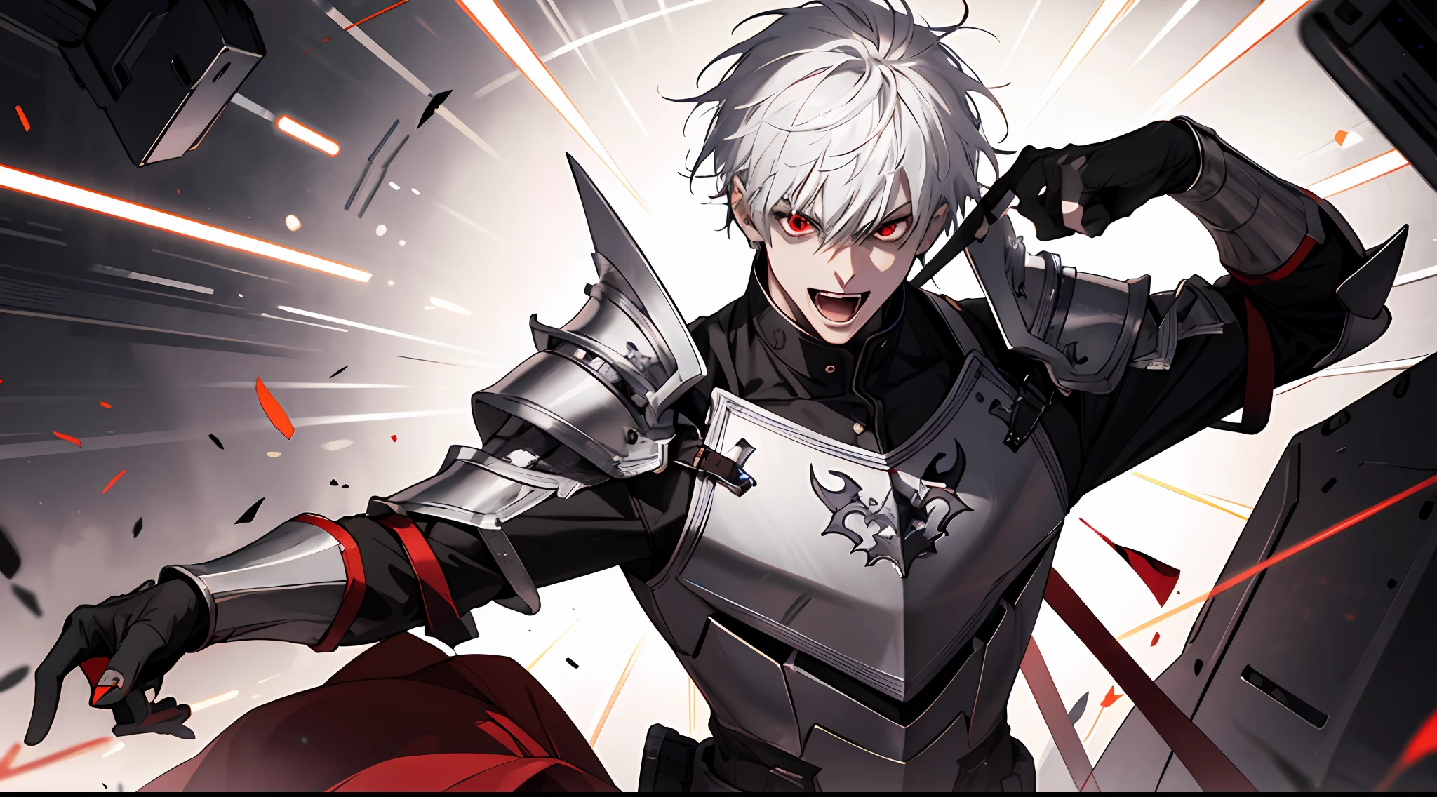 (ridiculous, high resolution, super detailed), (panorama), (1 male), tall, wearing silver armor, red eyes, evil charm, short white hair, red streamer, red magic surrounding, exaggerated light, hands emitting red light, open mouth