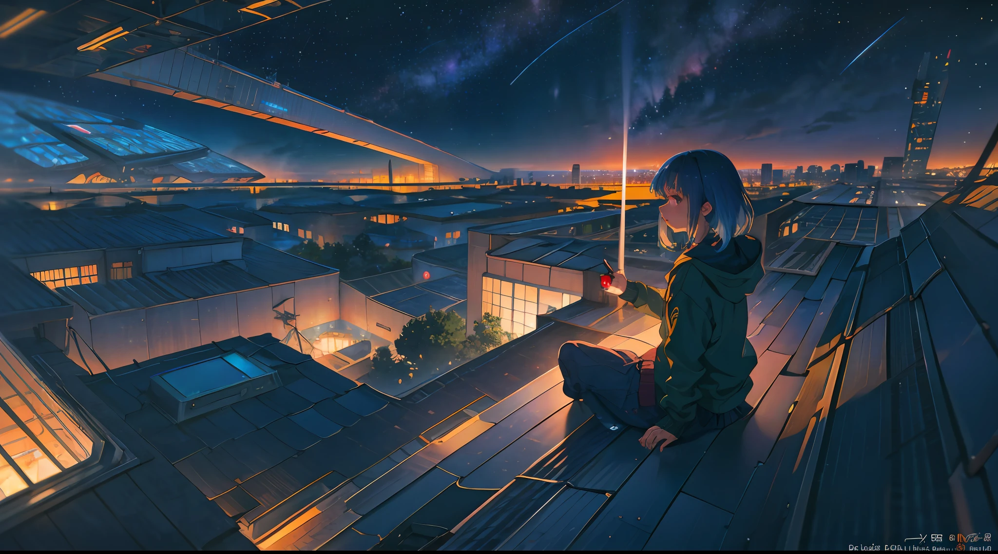 best quality, masterpiece, extremely detailed, detailed background, anime, 1girl, young girl, short girl, sci-fi, science fiction, outdoors, night, starry sky, greenhouse, megastructure, bio-dome, landscape, scenery, horizon, rooftop, sitting on rooftop, wind, looking away, atmospheric lighting, solo focus, close up, from side, depth of field, bokeh